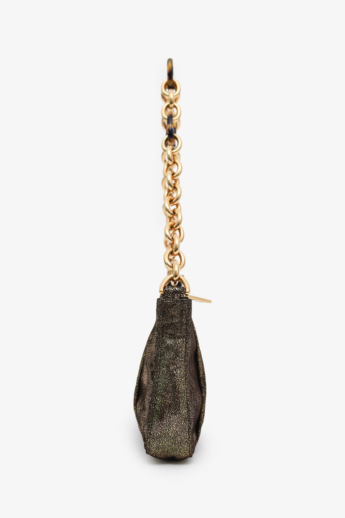 Fendi Gold Metallic Leather Baguette Shoulder Bag With Chain Strap