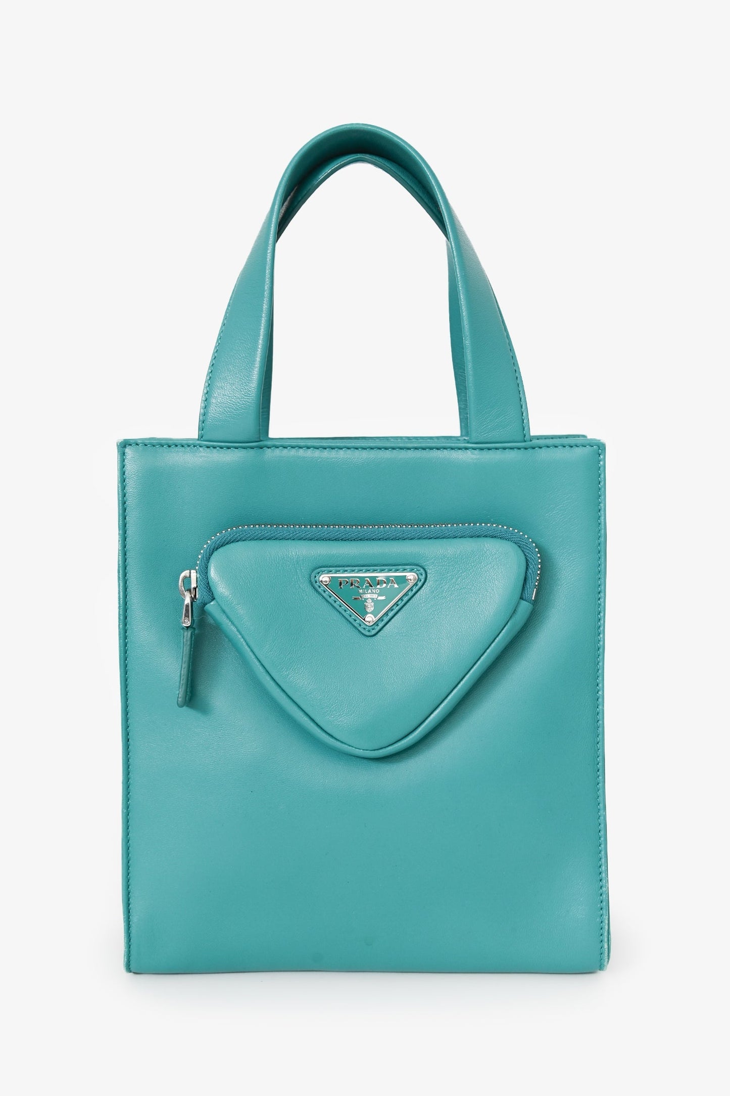 Prada Green Leather Triangle Logo Pouch Tote With Strap