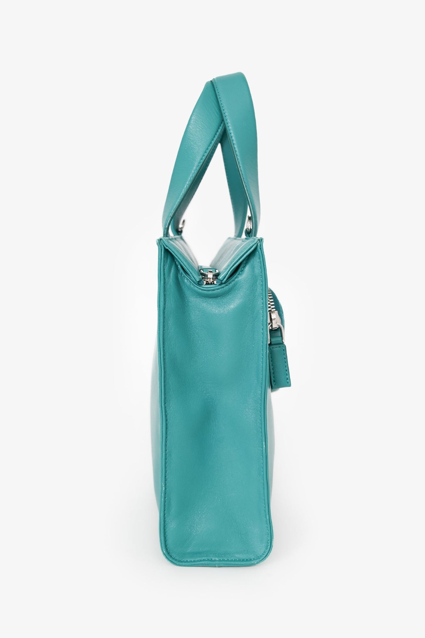 Prada Green Leather Triangle Logo Pouch Tote With Strap