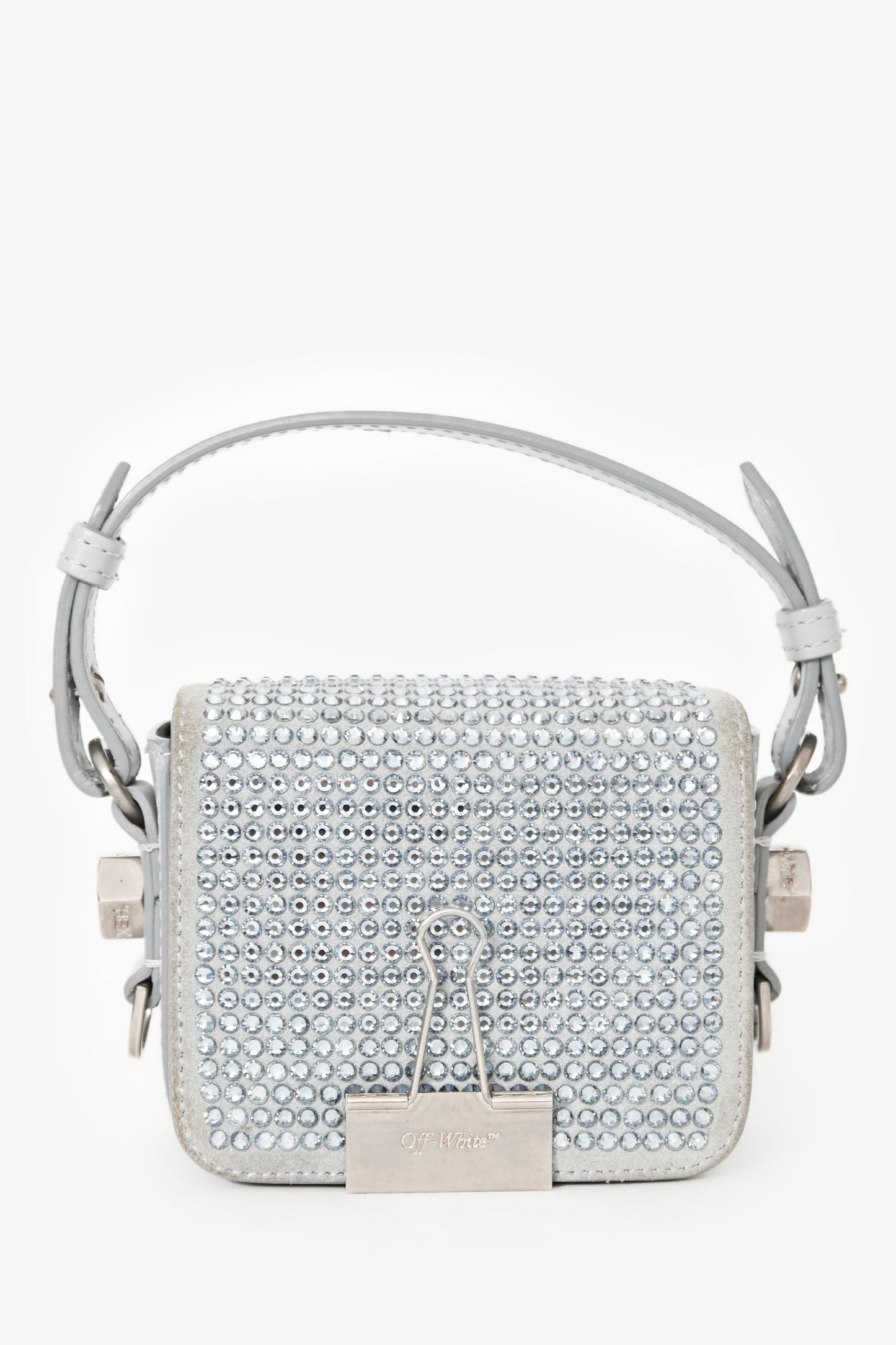 Off-White Grey Suede Swarovski Crystal Baby Binder Clip Bag
