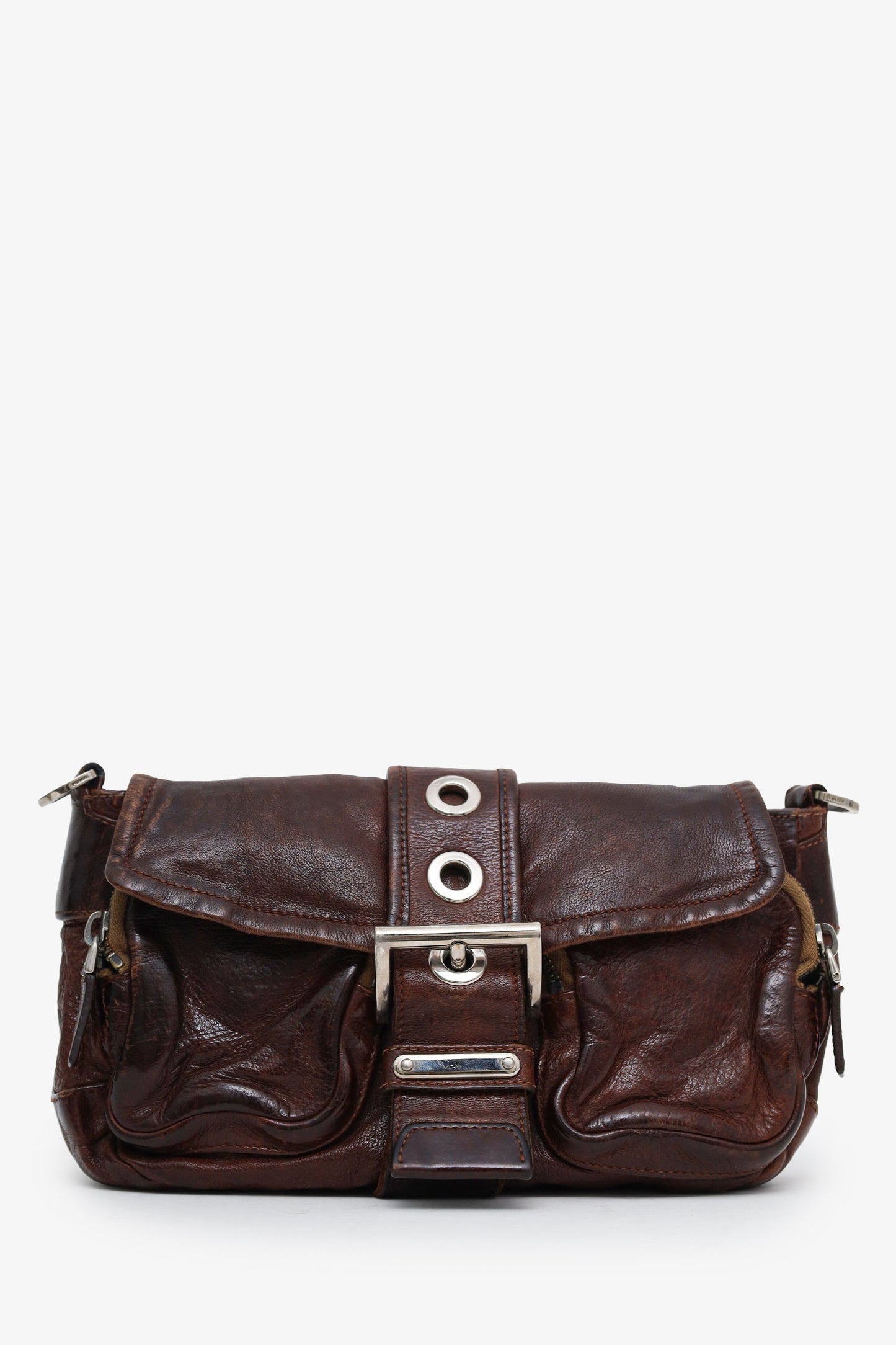 Prada Brown Leather Tessuto Buckle Flap Canvas Strap Bag