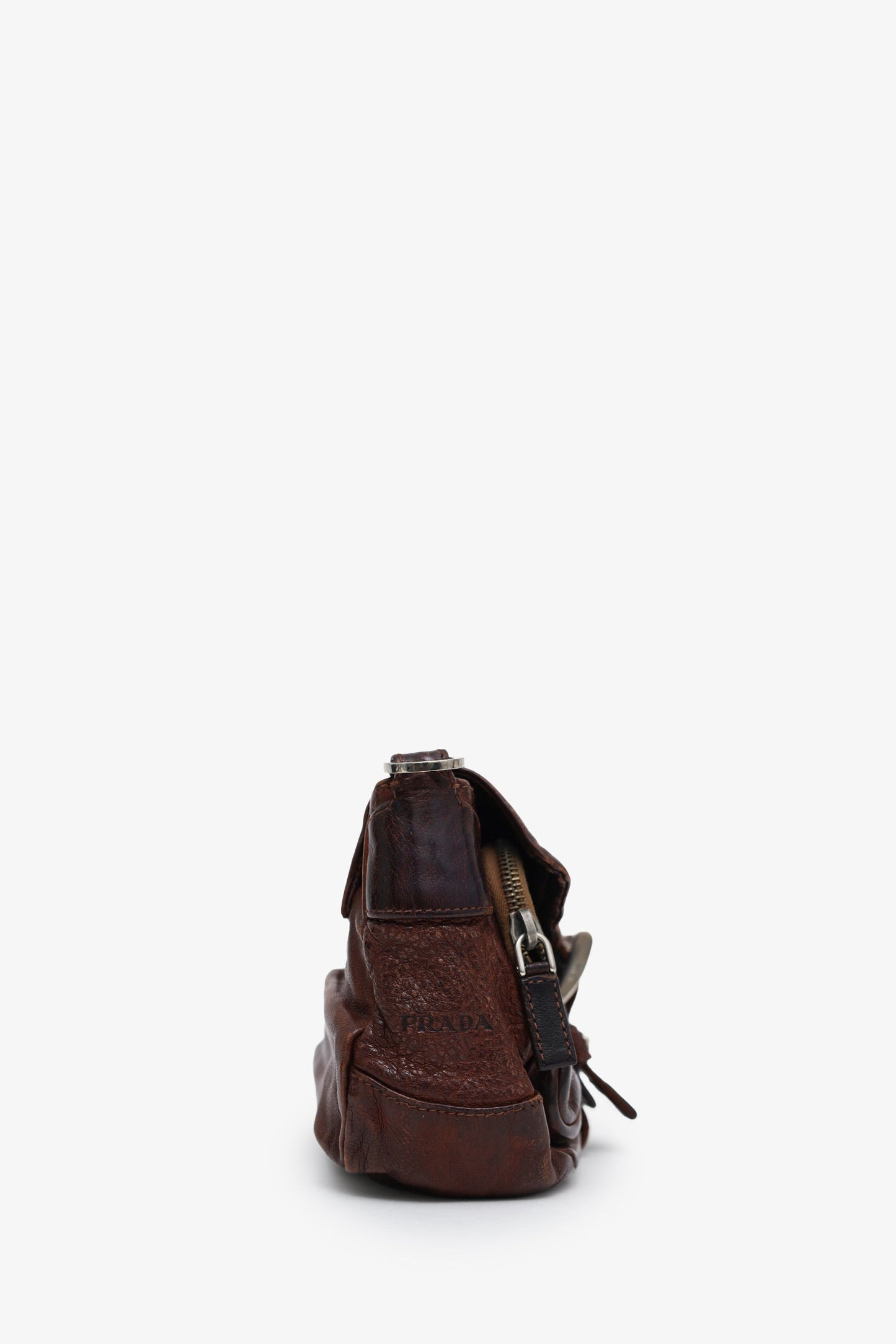 Prada Brown Leather Tessuto Buckle Flap Canvas Strap Bag