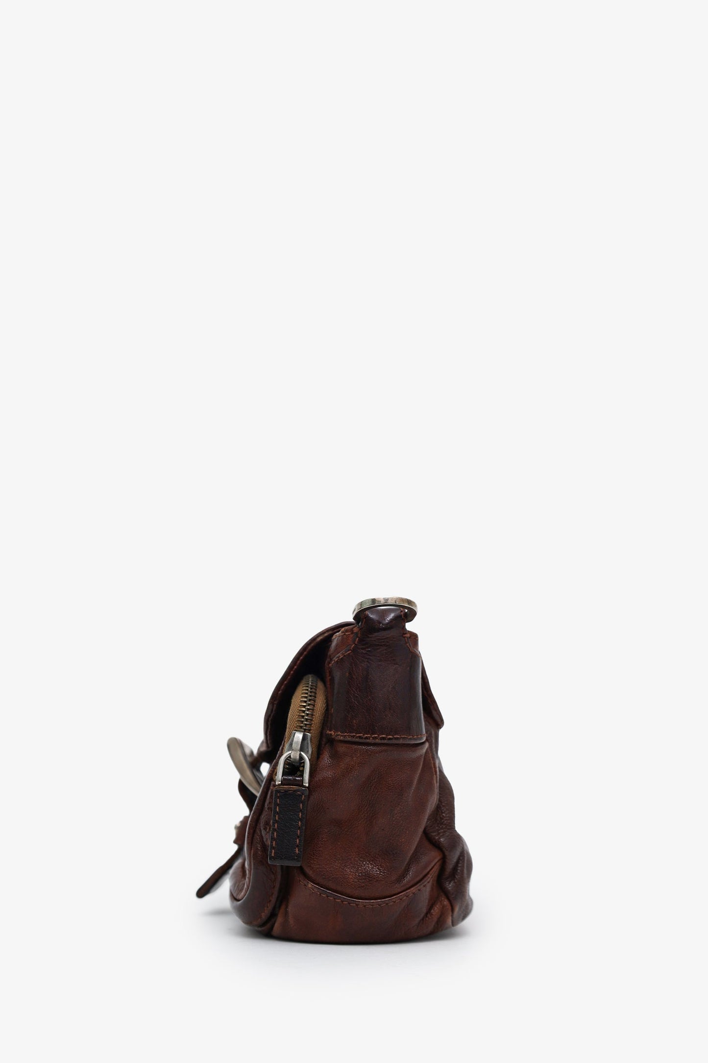 Prada Brown Leather Tessuto Buckle Flap Canvas Strap Bag