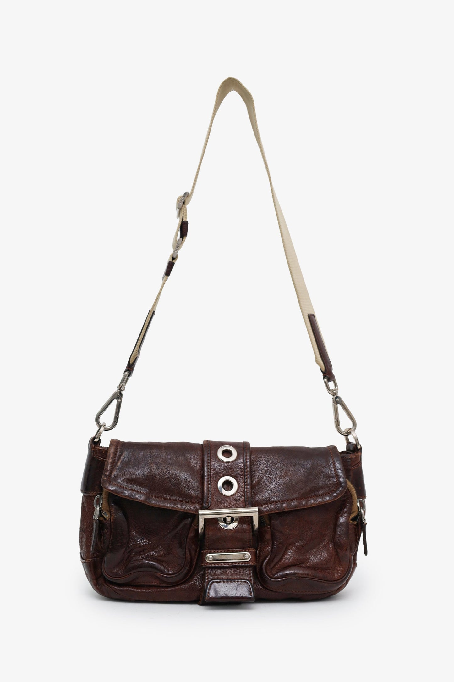 Prada Brown Leather Tessuto Buckle Flap Canvas Strap Bag
