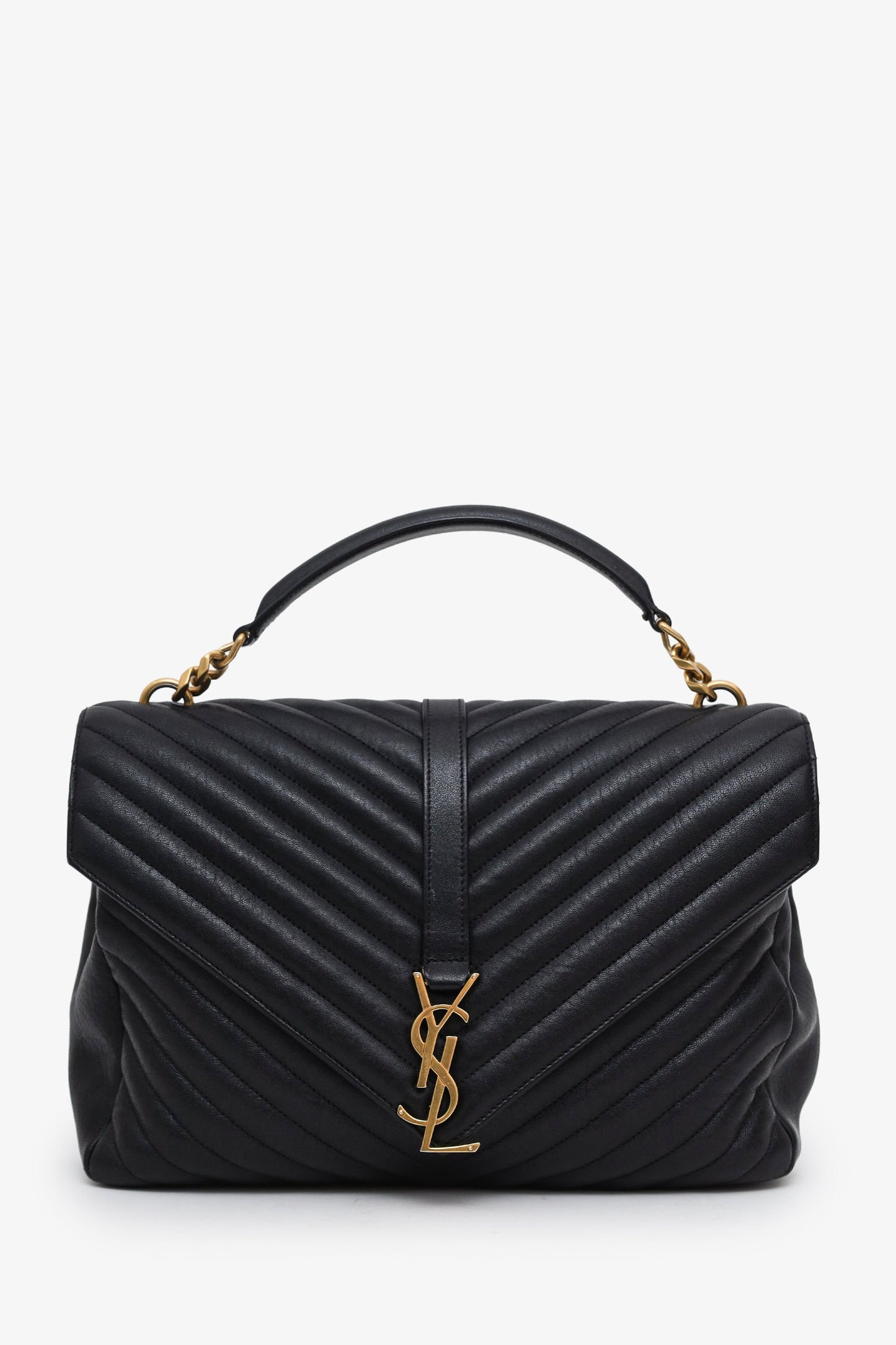 Saint Laurent Black Chevron Leather Medium College Bag With Chain