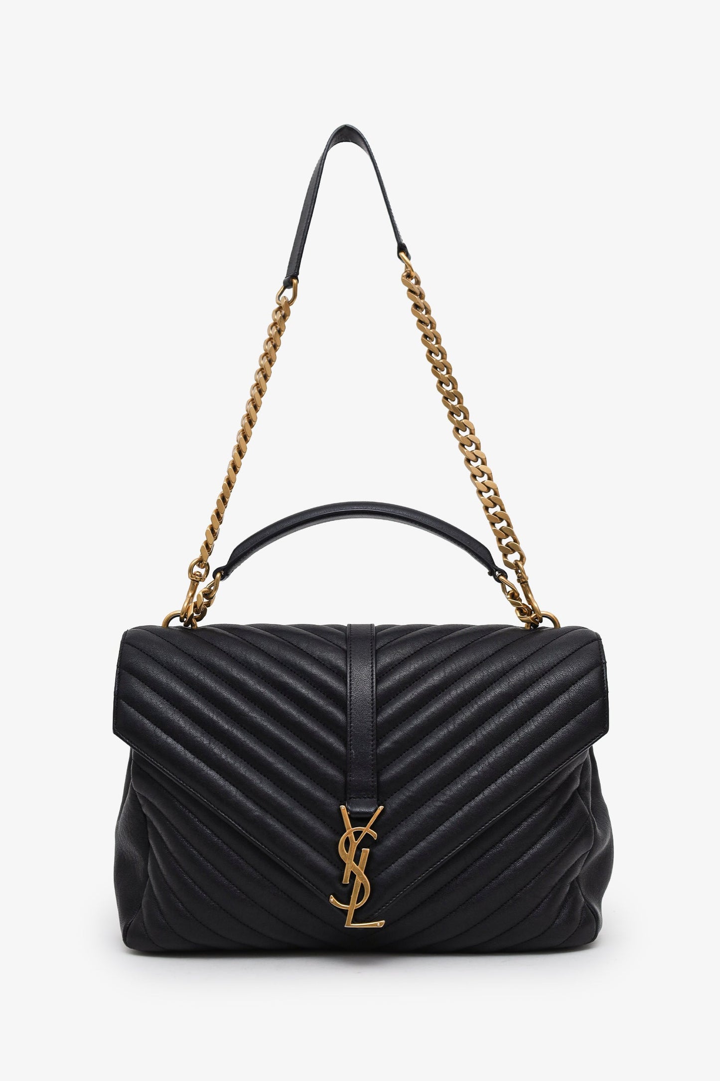 Saint Laurent Black Chevron Leather Medium College Bag With Chain