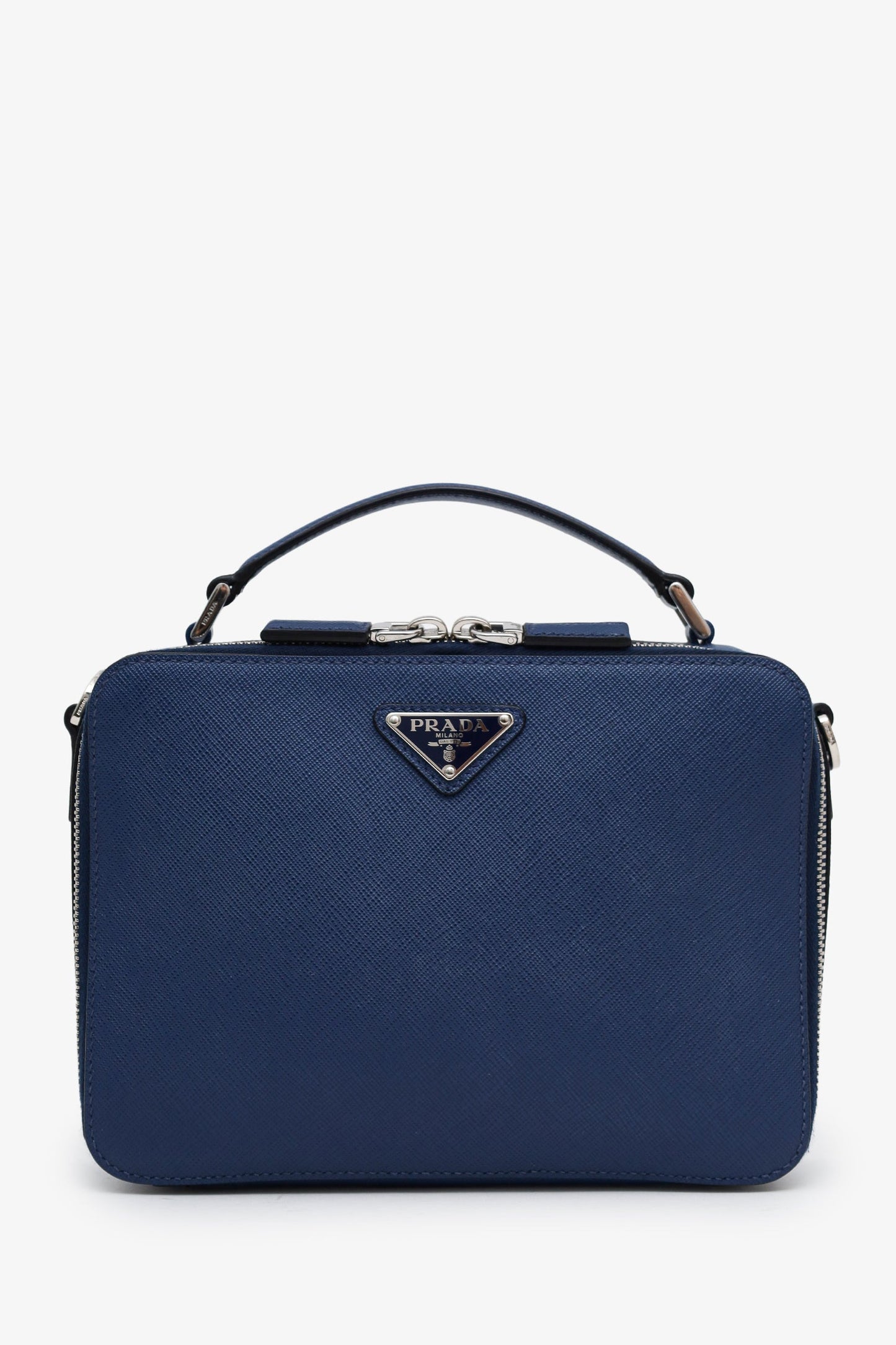 Prada Blue Saffiano Leather Brique Handle Bag With Strap