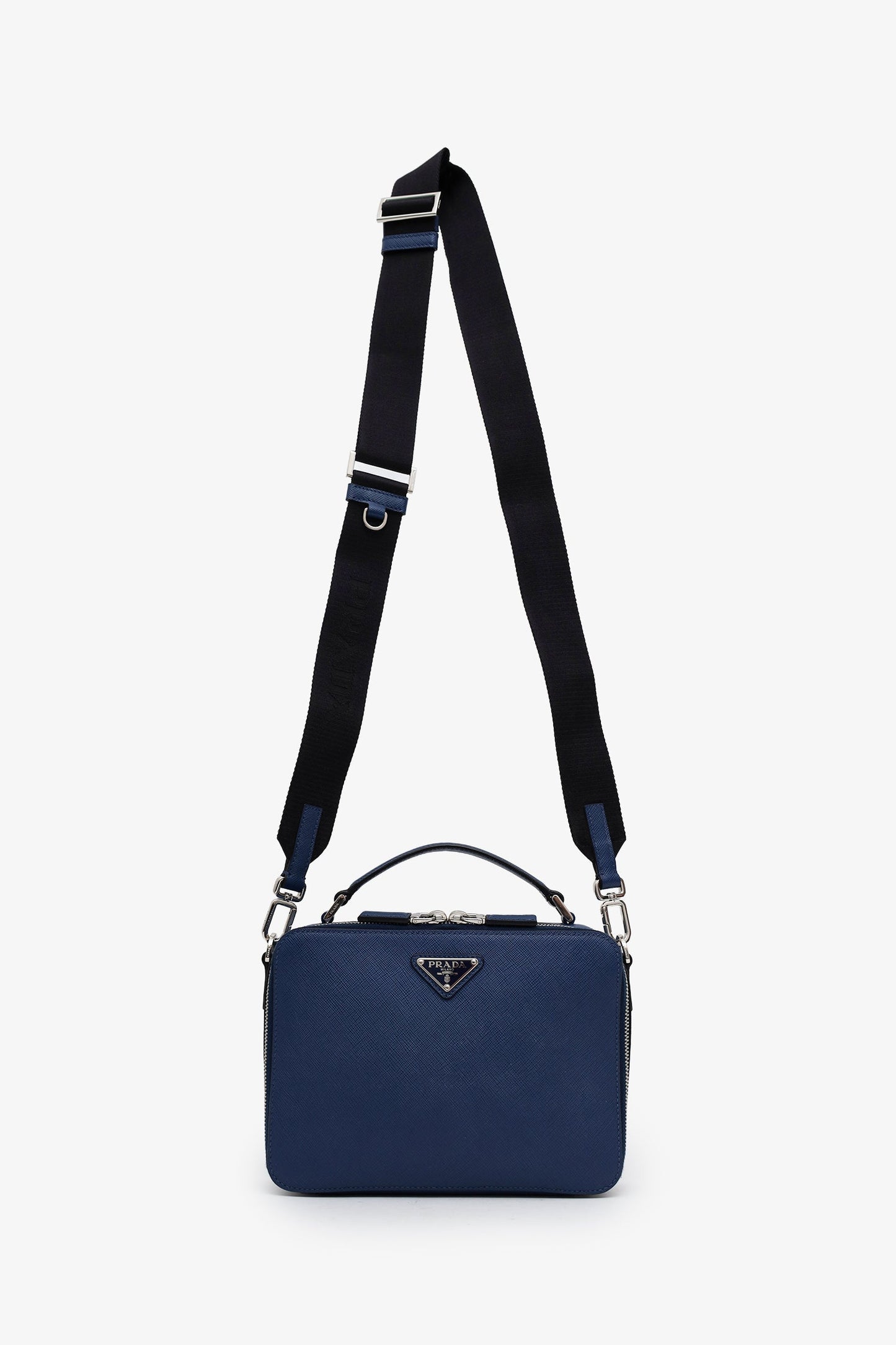Prada Blue Saffiano Leather Brique Handle Bag With Strap
