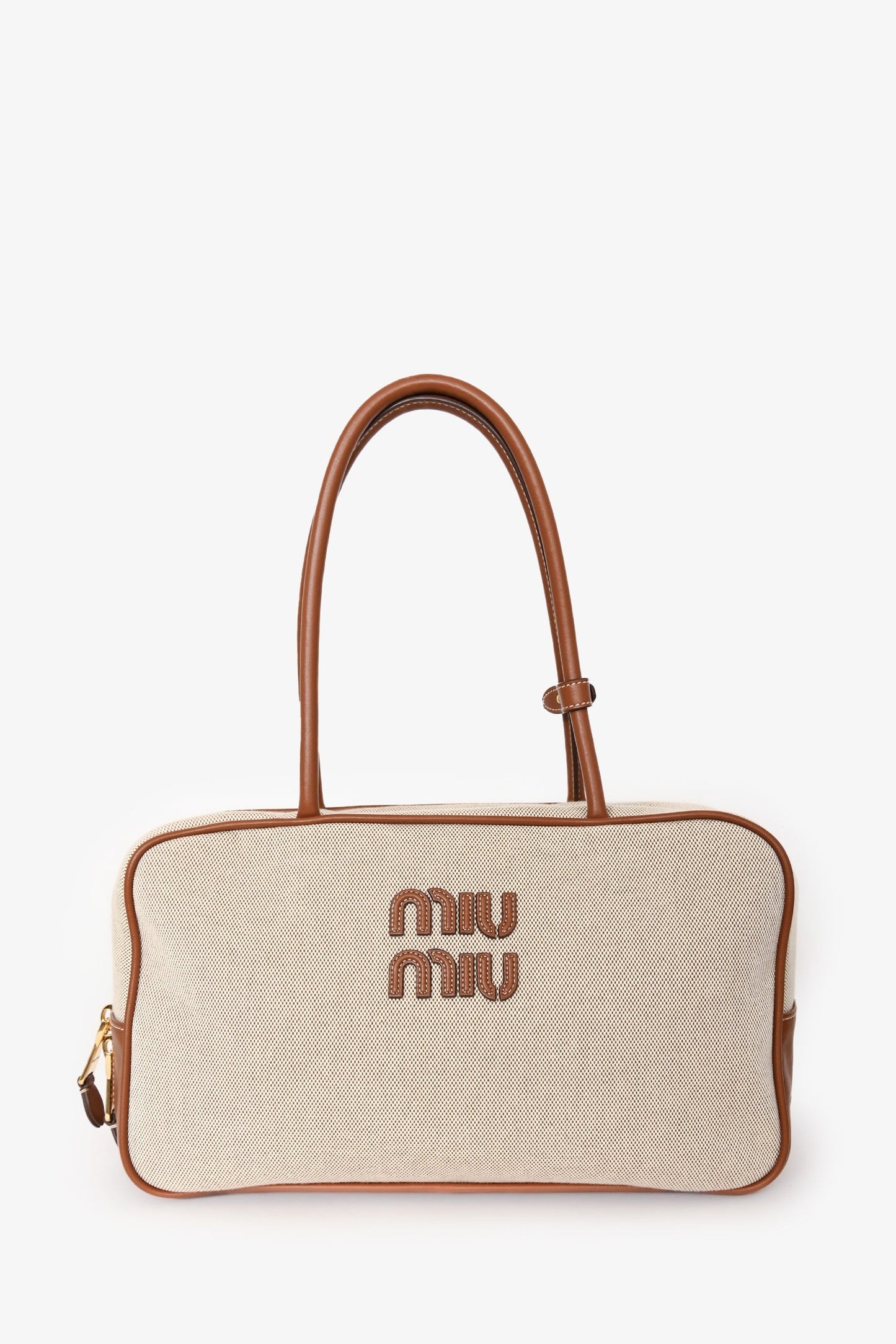 Miu Miu Cream Canvas Brown Leather Beau Tote Bag