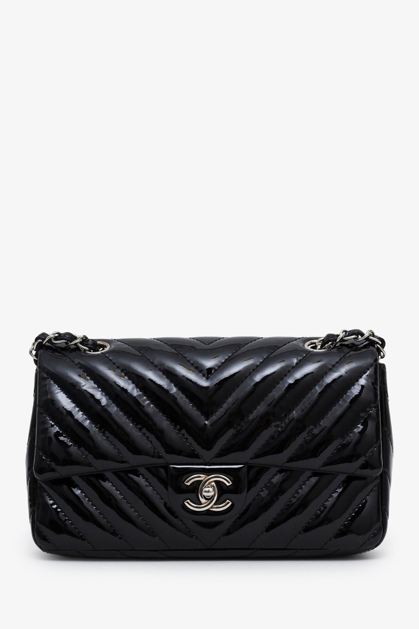 Chanel™ 2009-10 Black Patent Chevron Medium Single Flap Bag