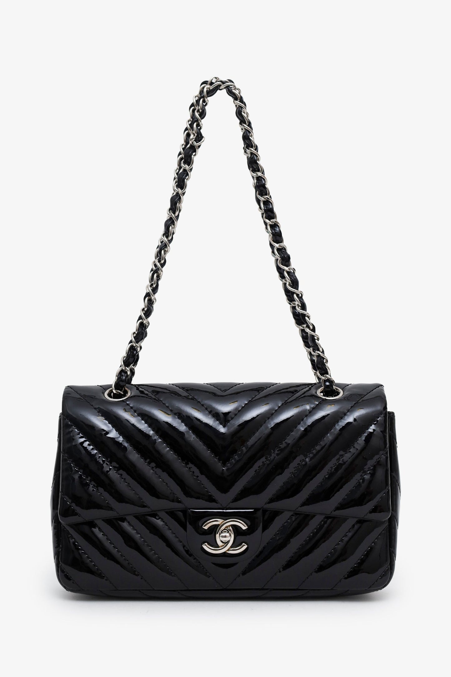 Chanel™ 2009-10 Black Patent Chevron Medium Single Flap Bag