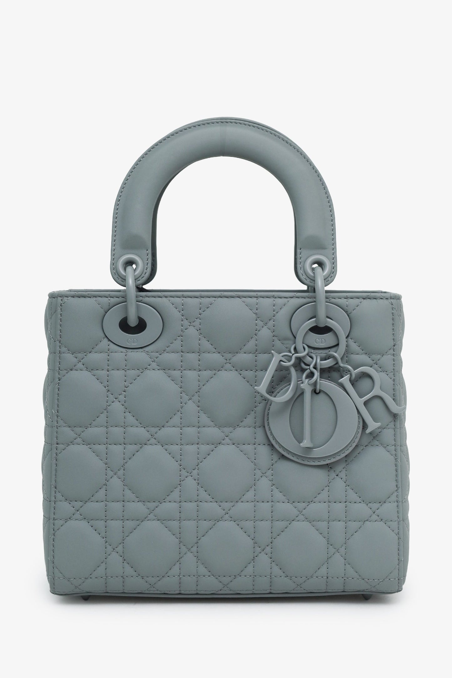 Christian Dior 2021 Grey Matte Cannage Leather Small Lady Dior Top Handle With Strap