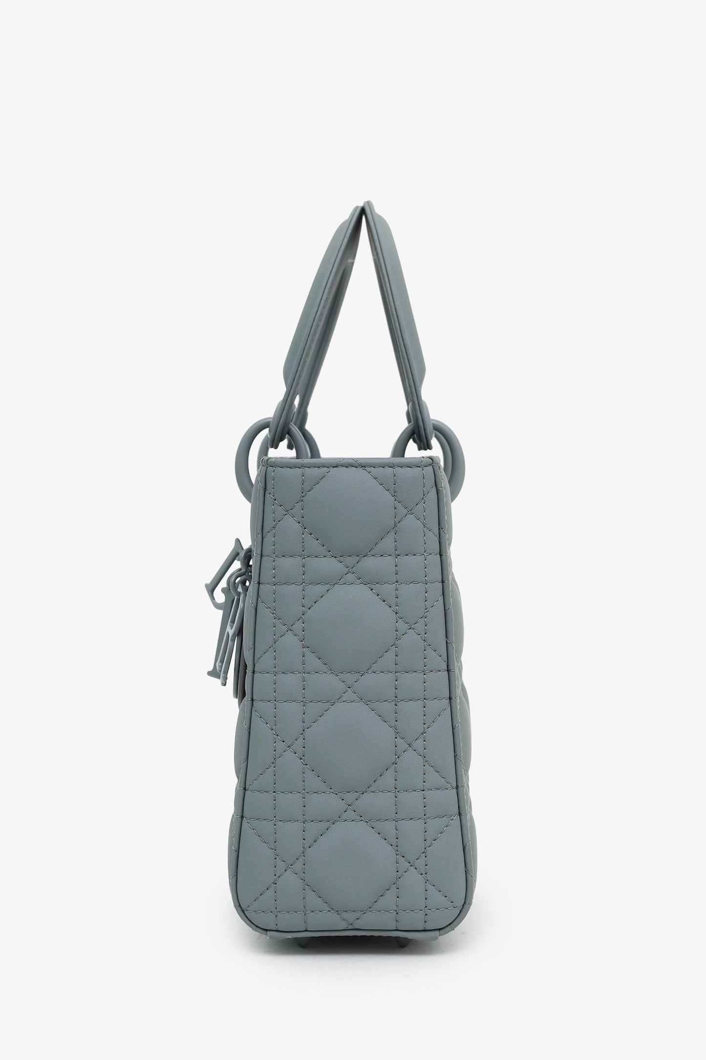 Christian Dior 2021 Grey Matte Cannage Leather Small Lady Dior Top Handle With Strap