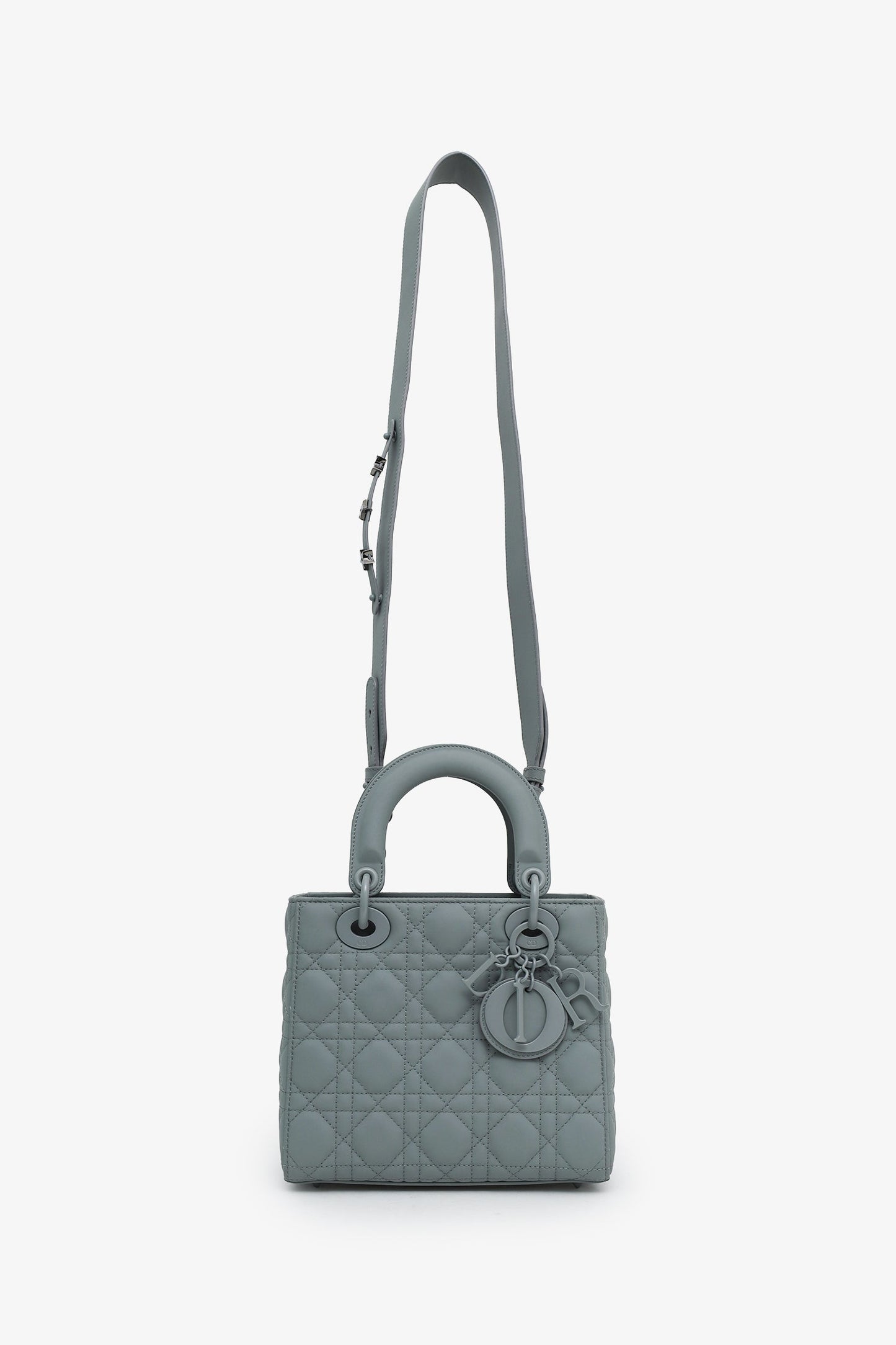 Christian Dior 2021 Grey Matte Cannage Leather Small Lady Dior Top Handle With Strap