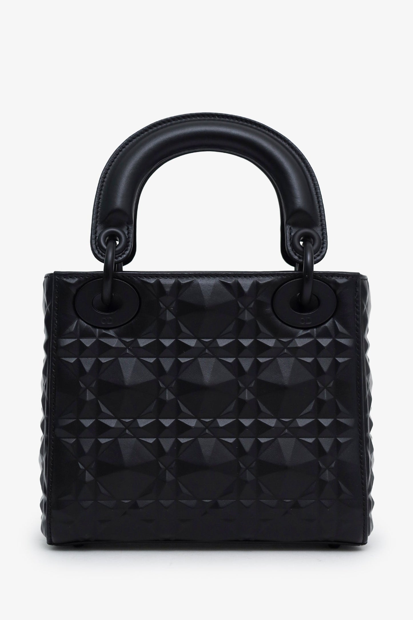 Christian Dior 2022 Black Diamond Embossed Leather Small Lady Dior Top Handle With Strap