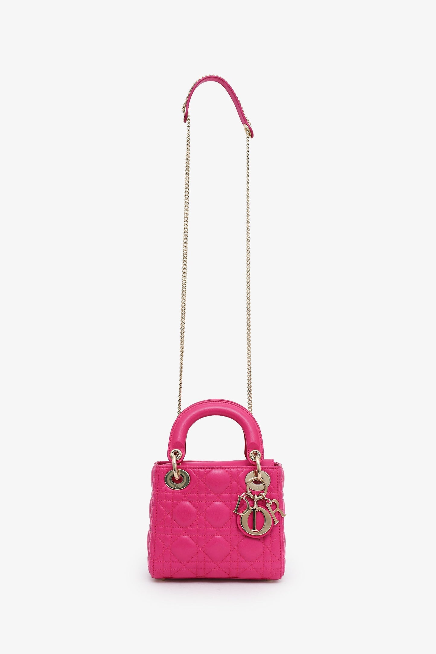 Christian Dior 2018 Pink Cannage Leather Small Lady Dior Top Handle With Strap GHW