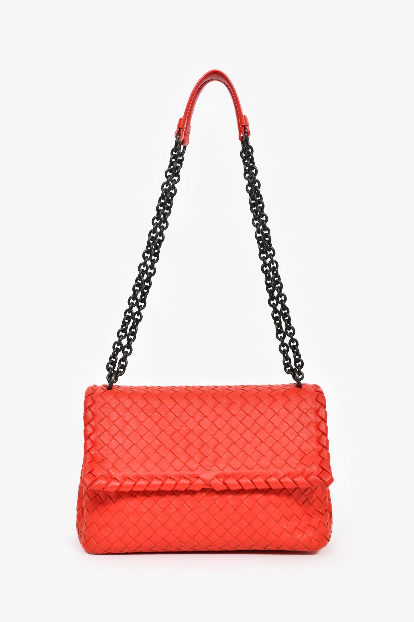 Bottega Veneta Red Intrecciato Leather Front Flap Chain Shoulder Bag