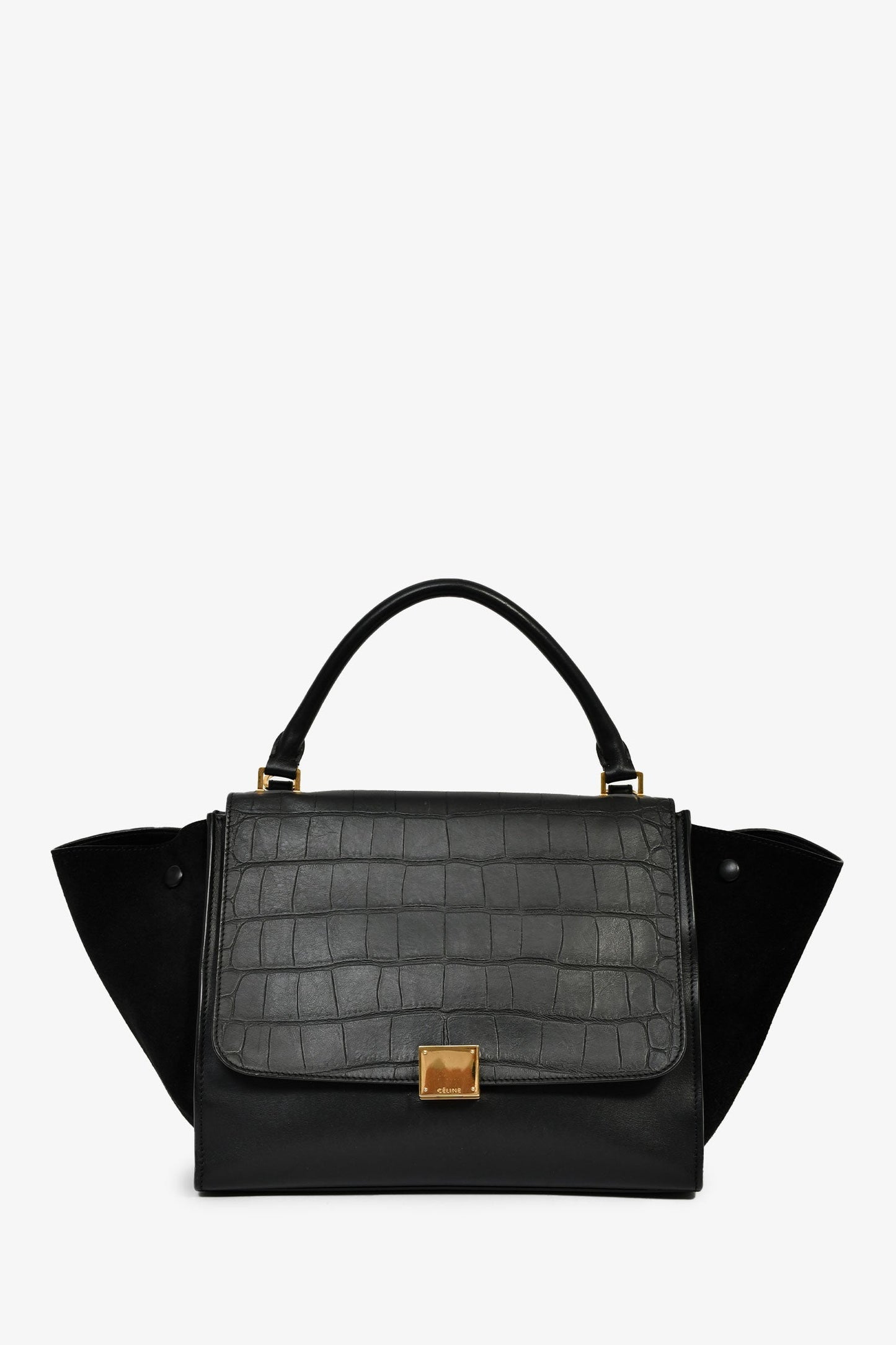Celine 2012 Black Croc Embossed Leather Medium Trapeze Shoulder Bag