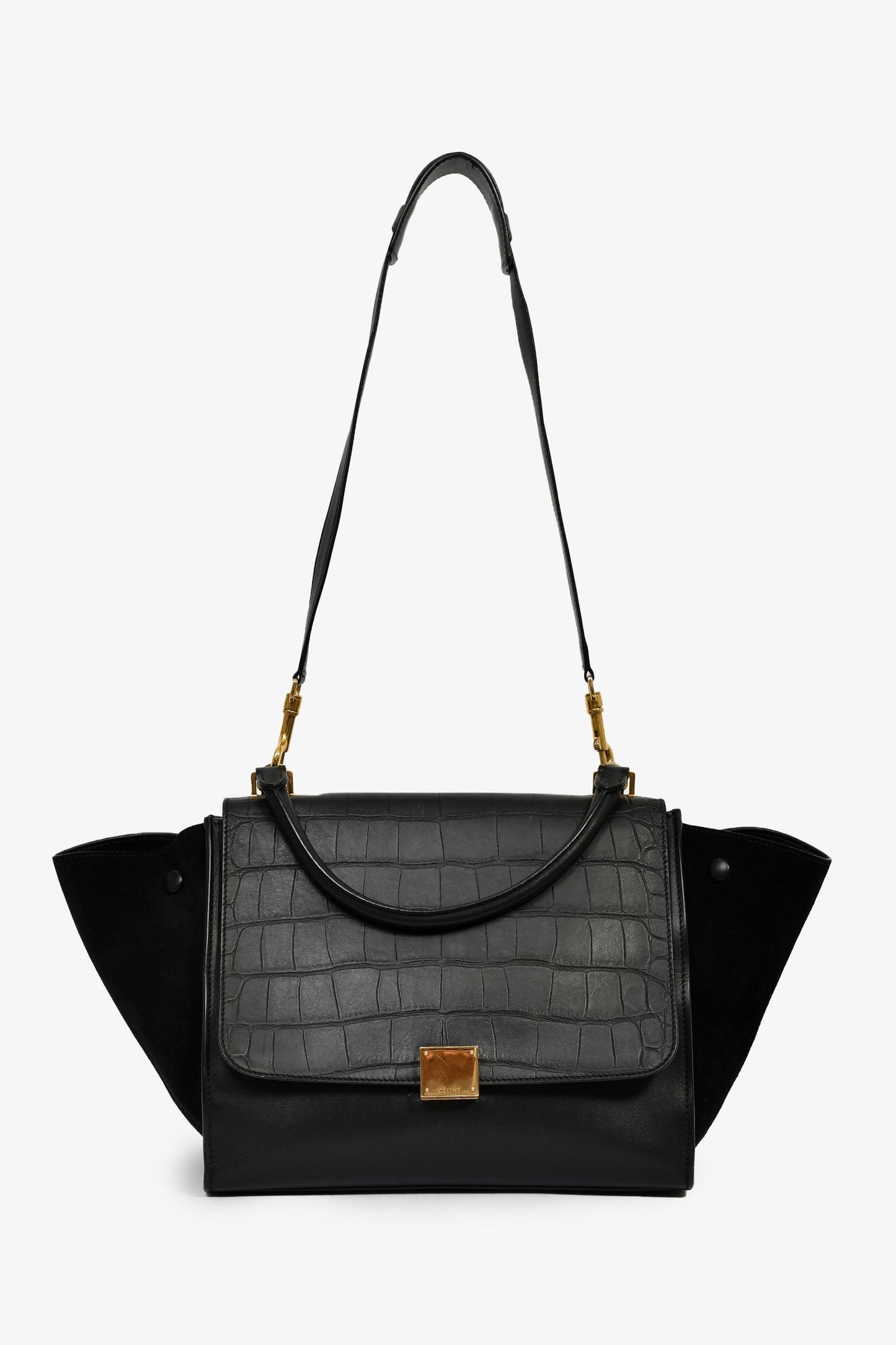 Celine 2012 Black Croc Embossed Leather Medium Trapeze Shoulder Bag