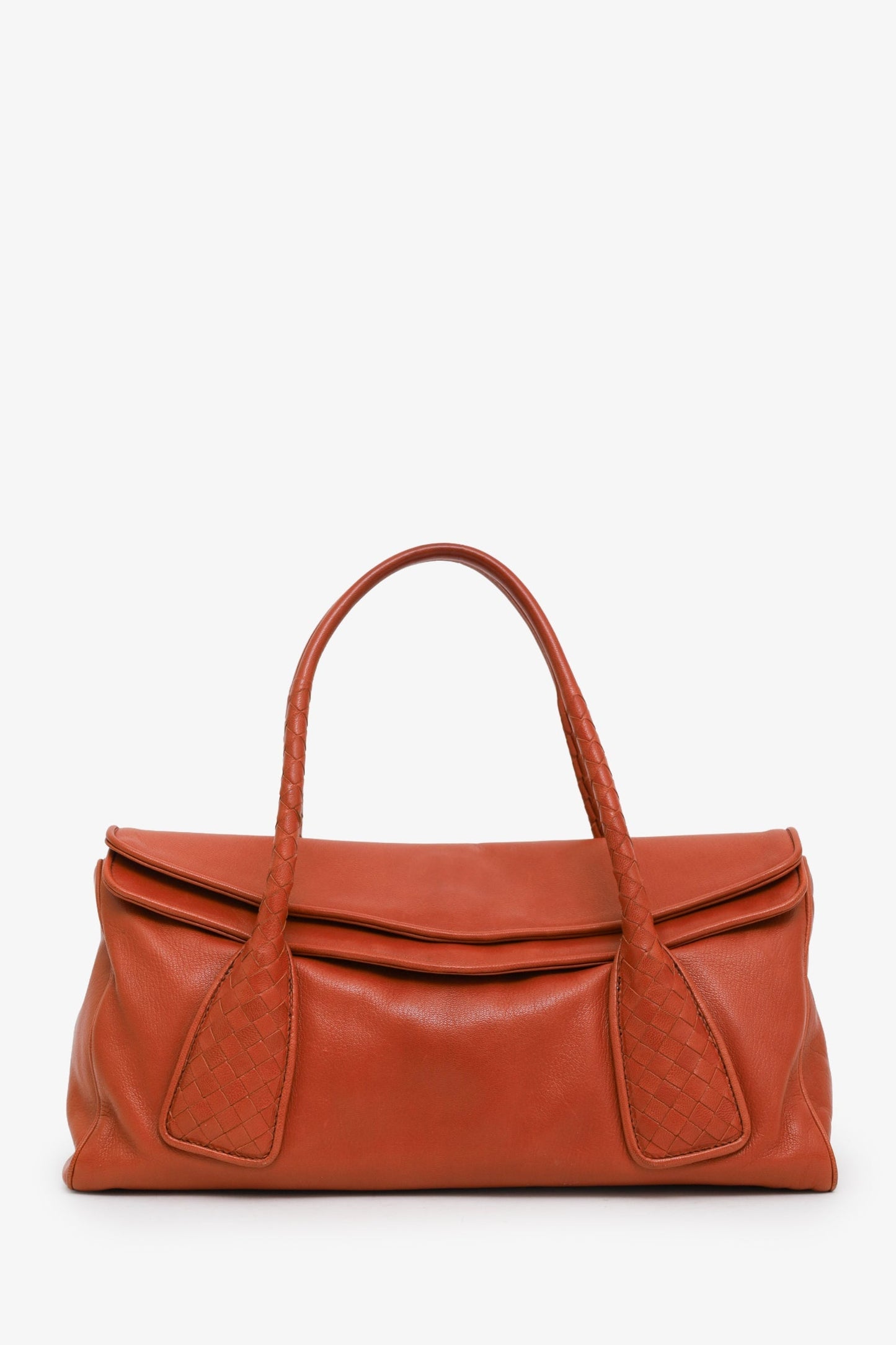 Bottega Veneta Orange Intrecciato Woven Leather Double Flap Satchel