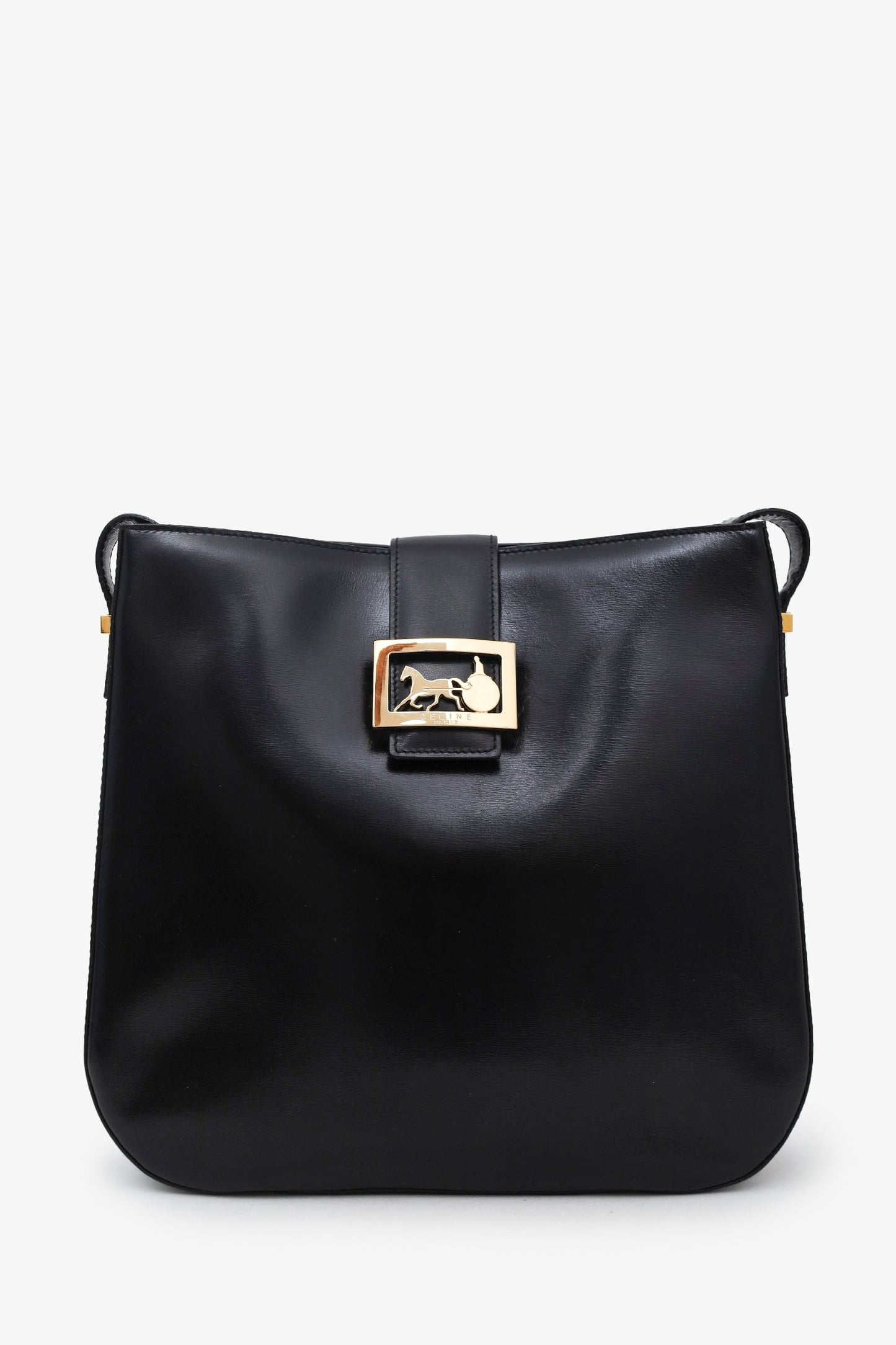 Celine Vintage Black Box Leather Horse Carriage Shoulder Bag