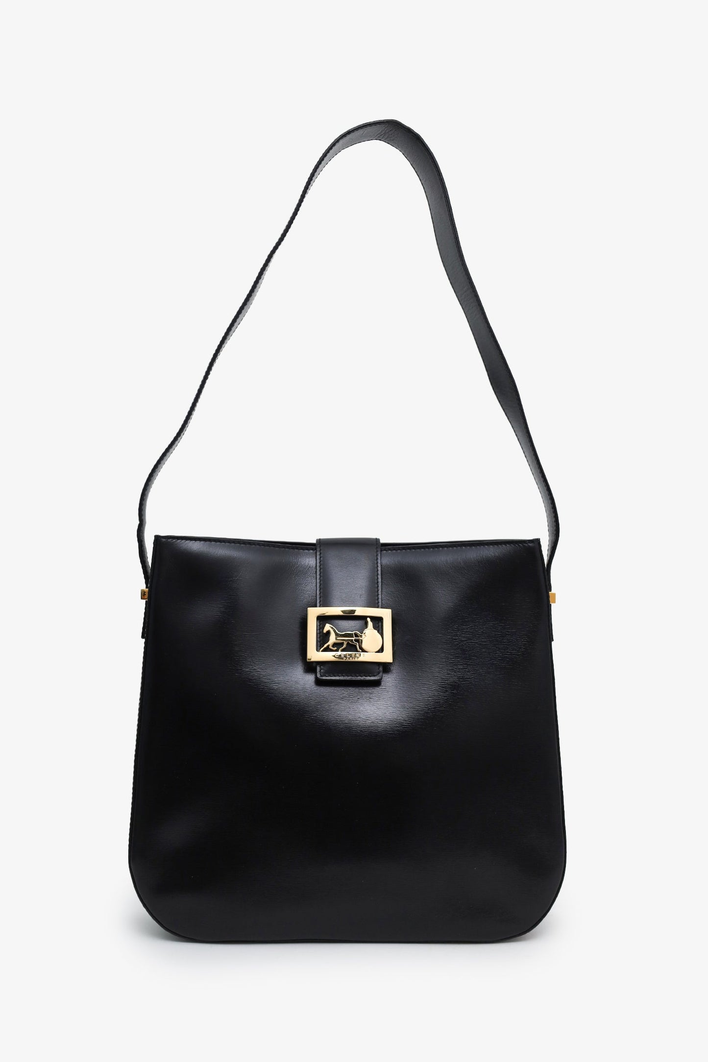Celine Vintage Black Box Leather Horse Carriage Shoulder Bag