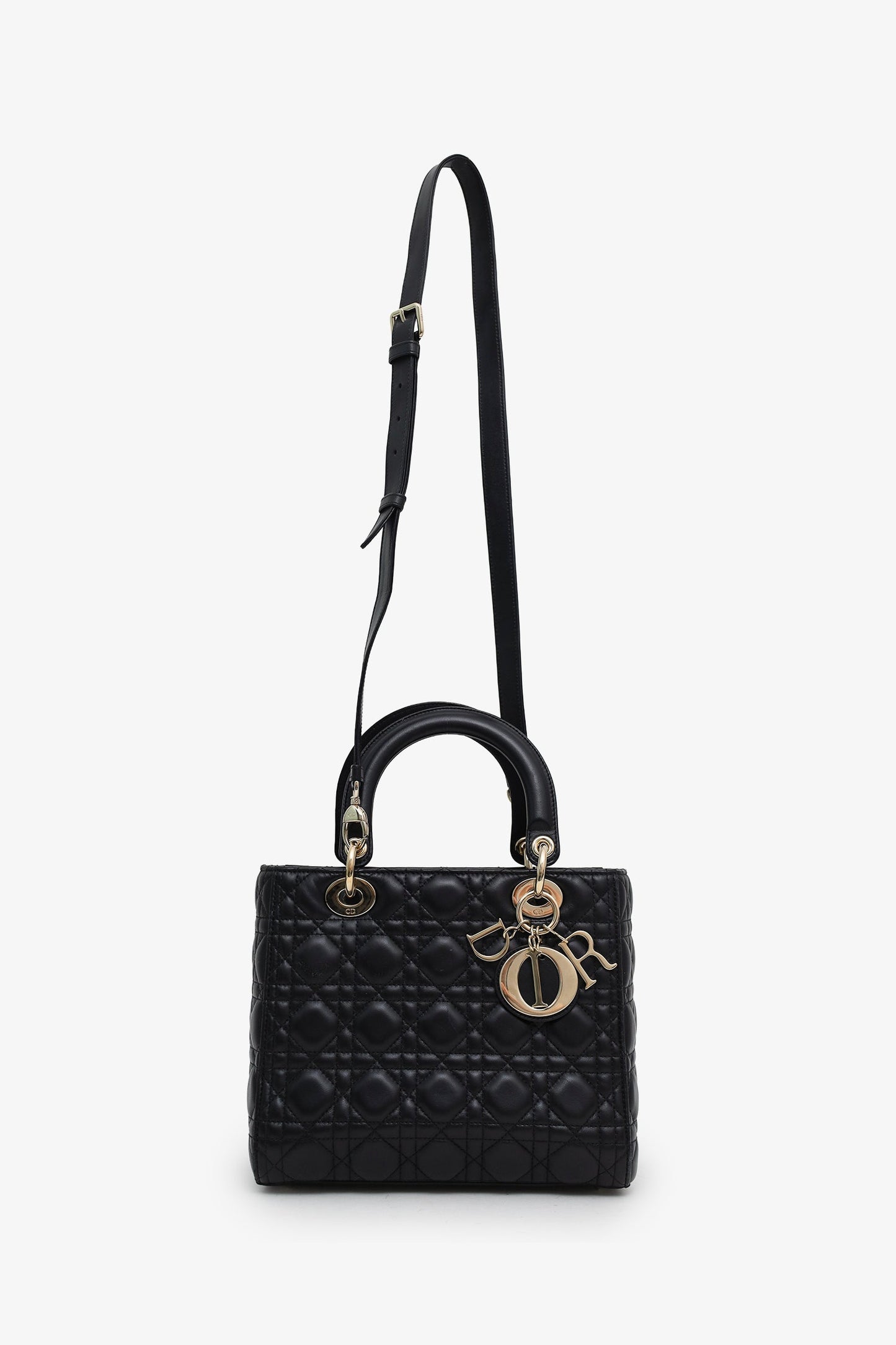 Christian Dior 2025 Black Cannage Lambskin Medium Lady Dior Bag With Strap