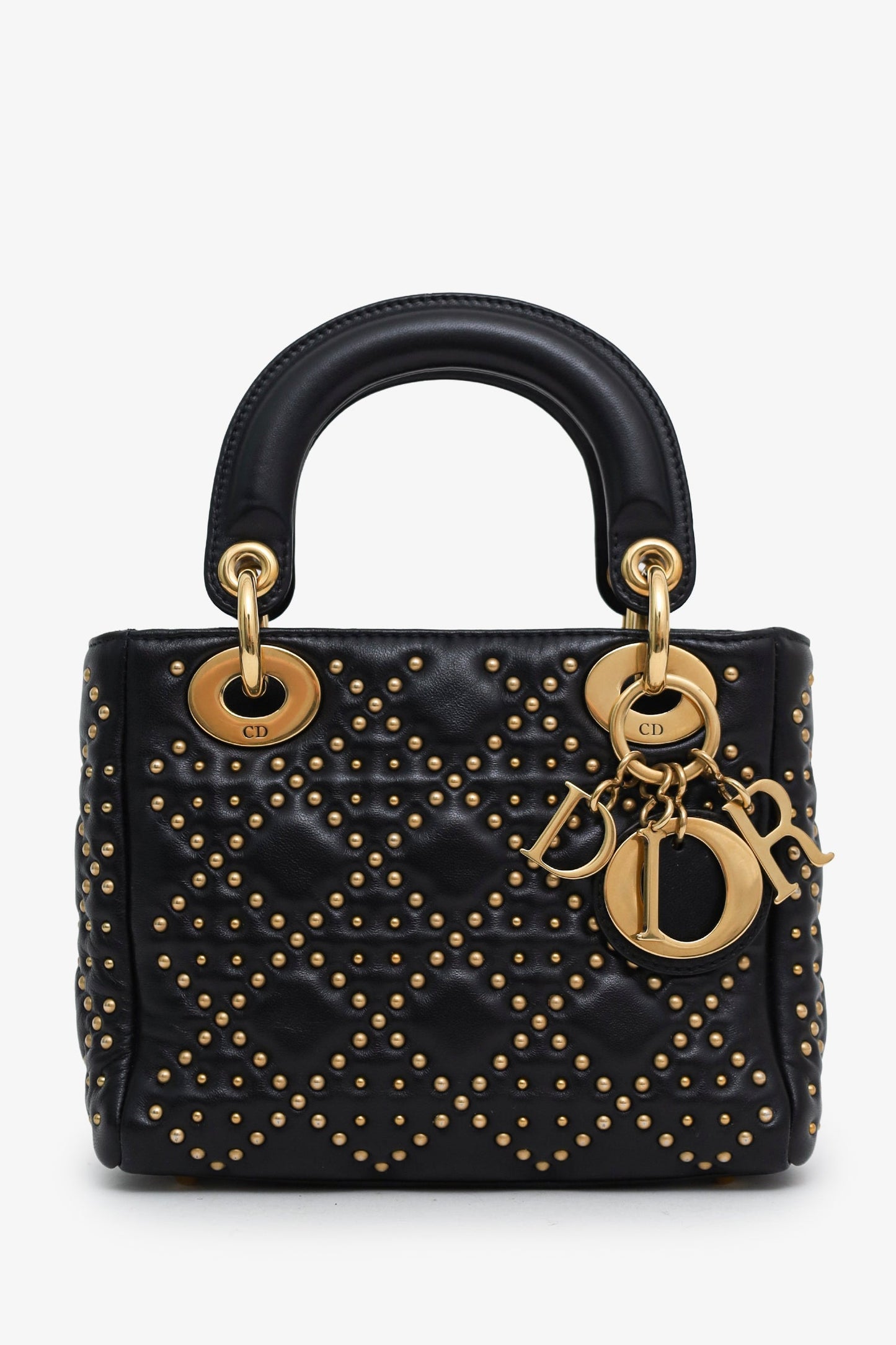 Christian Dior 2017 Black Leather Studded Supple Mini Lady Dior With Strap