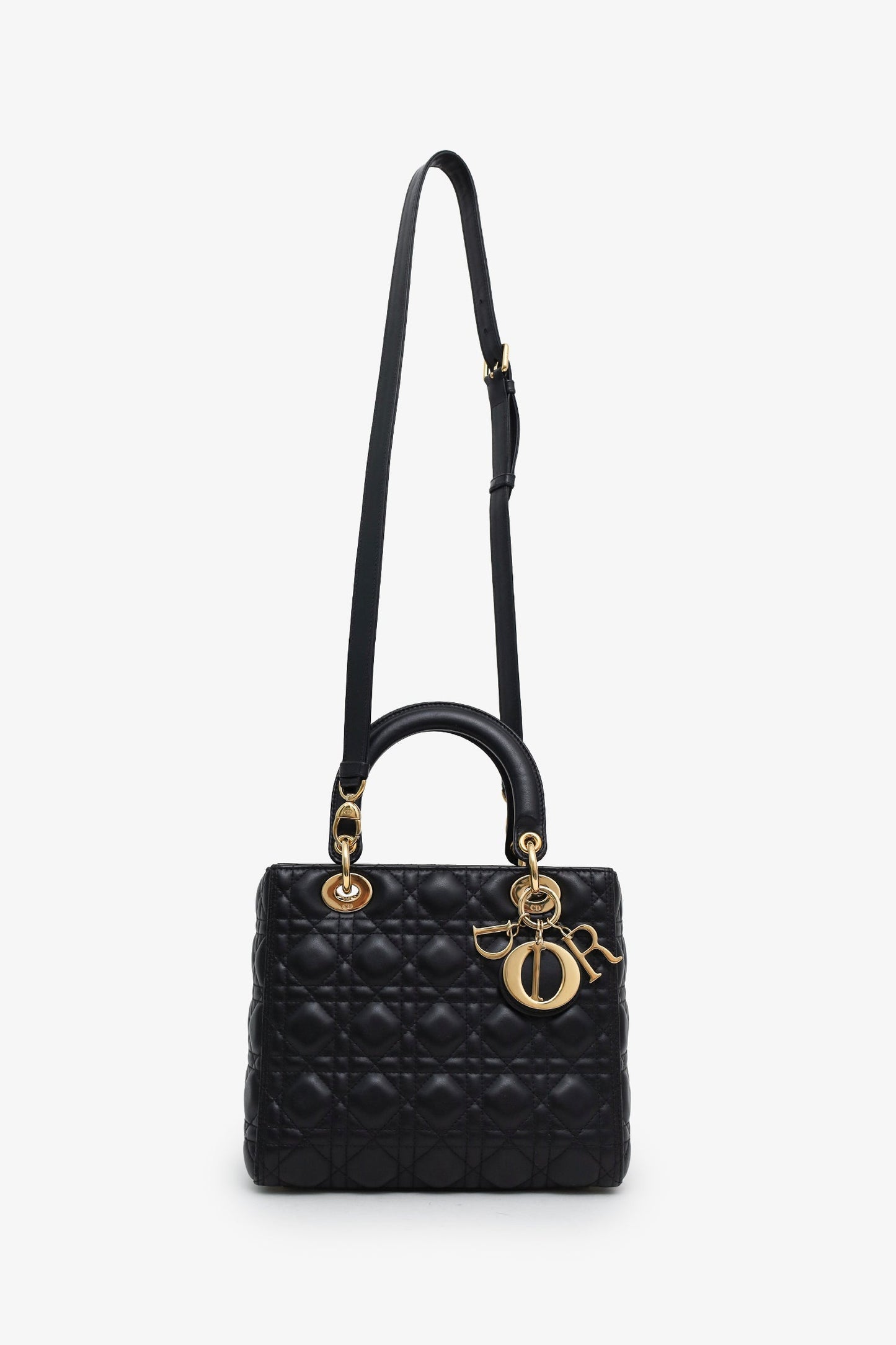Christian Dior 2019 Black Cannage Lambskin Medium Lady Dior Bag With Strap