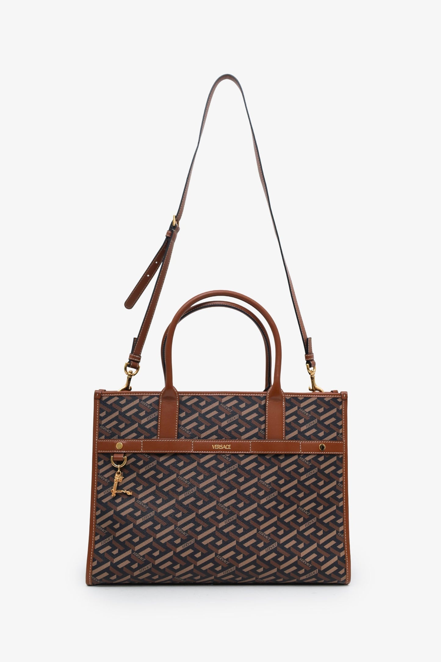 Versace Brown Saffiano Leather Shoulder Bag With Strap