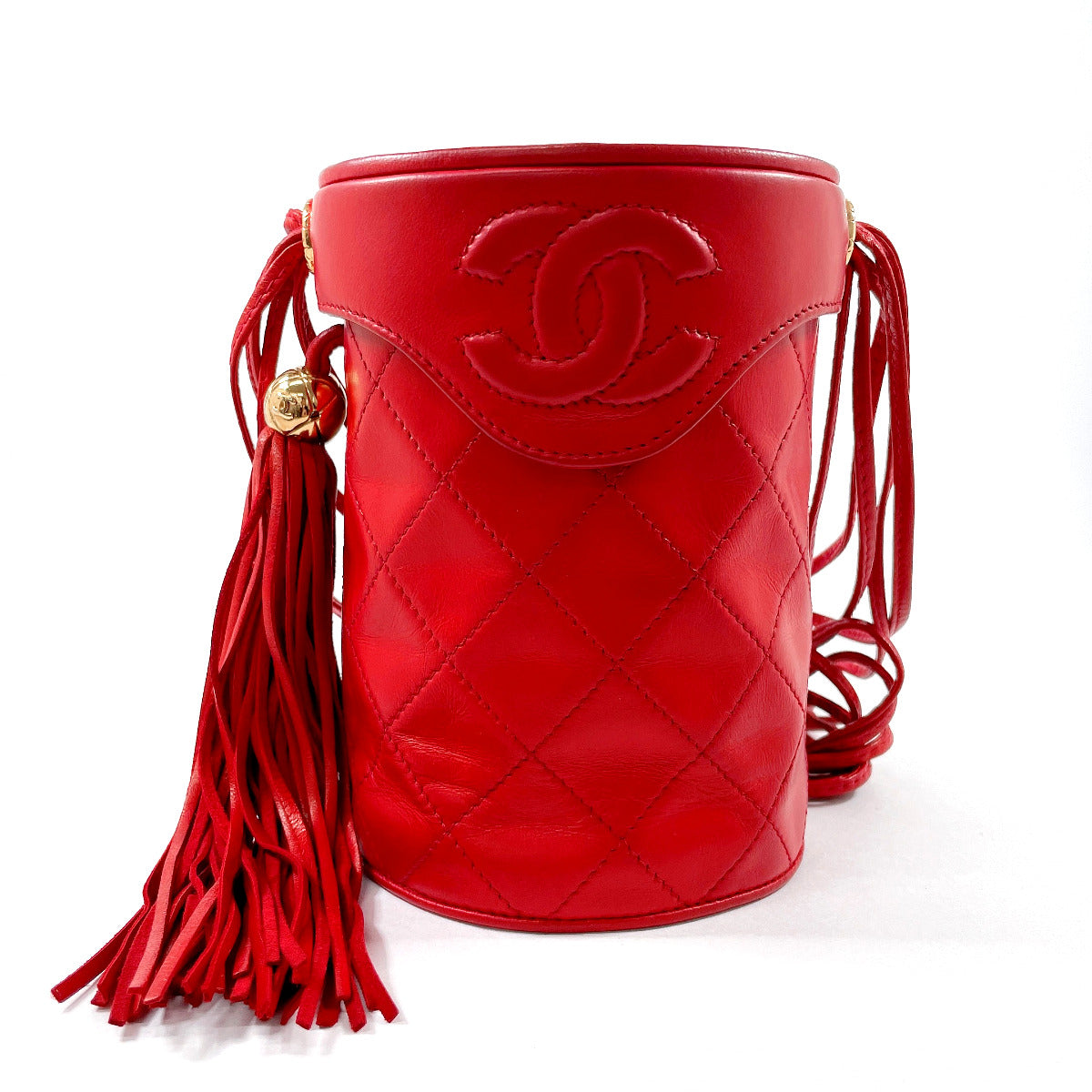 CHANEL Shoulder Bag lambskin Red Matrasse vintage Fringe COCO Mark