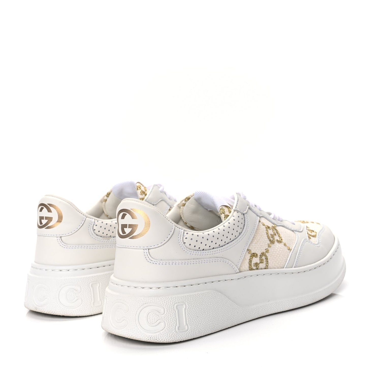 Gucci Dali Soft Calfskin GG Tennis Embossed Perforated Womens Platform 55mm Sneakers White Gold