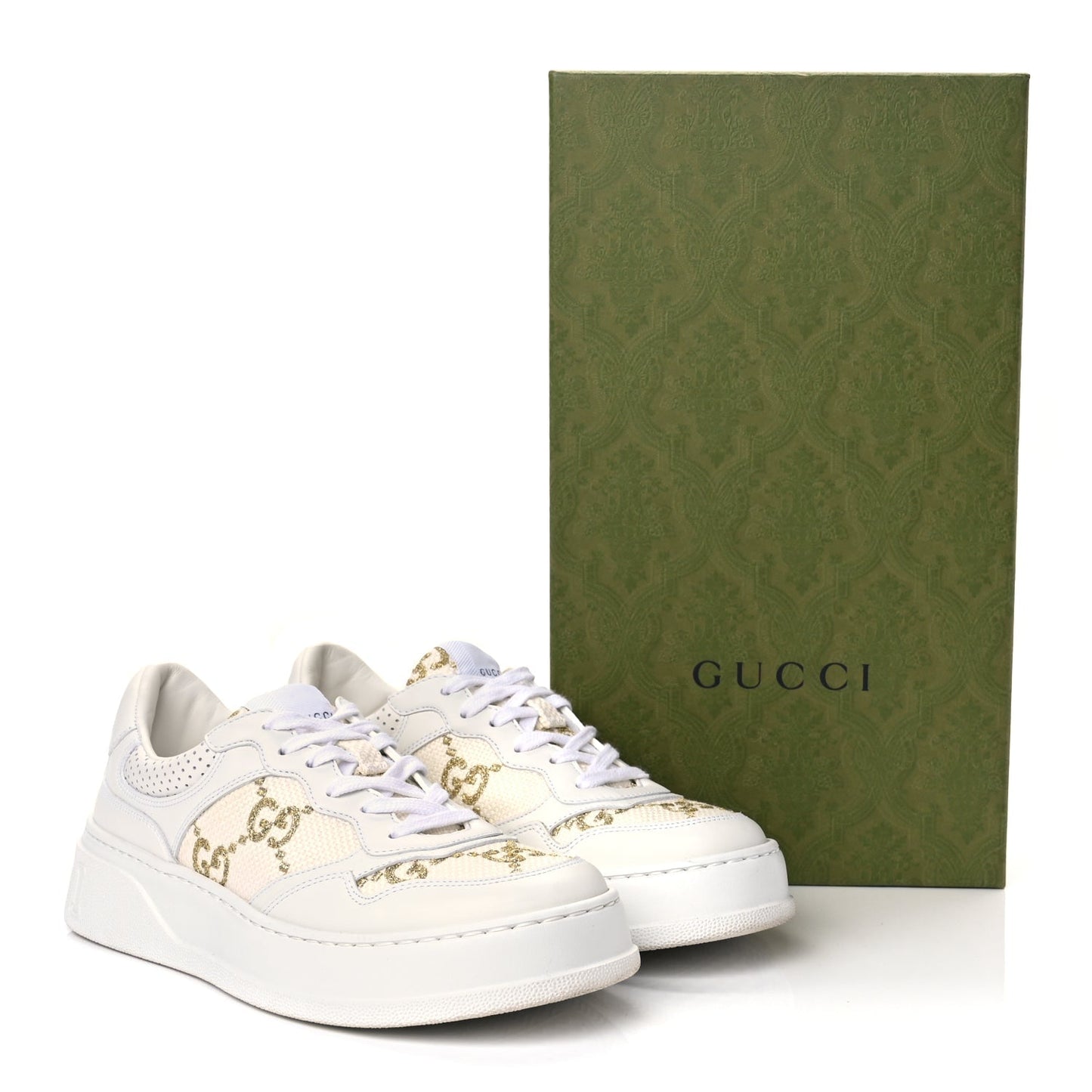 Gucci Dali Soft Calfskin GG Tennis Embossed Perforated Womens Platform 55mm Sneakers White Gold