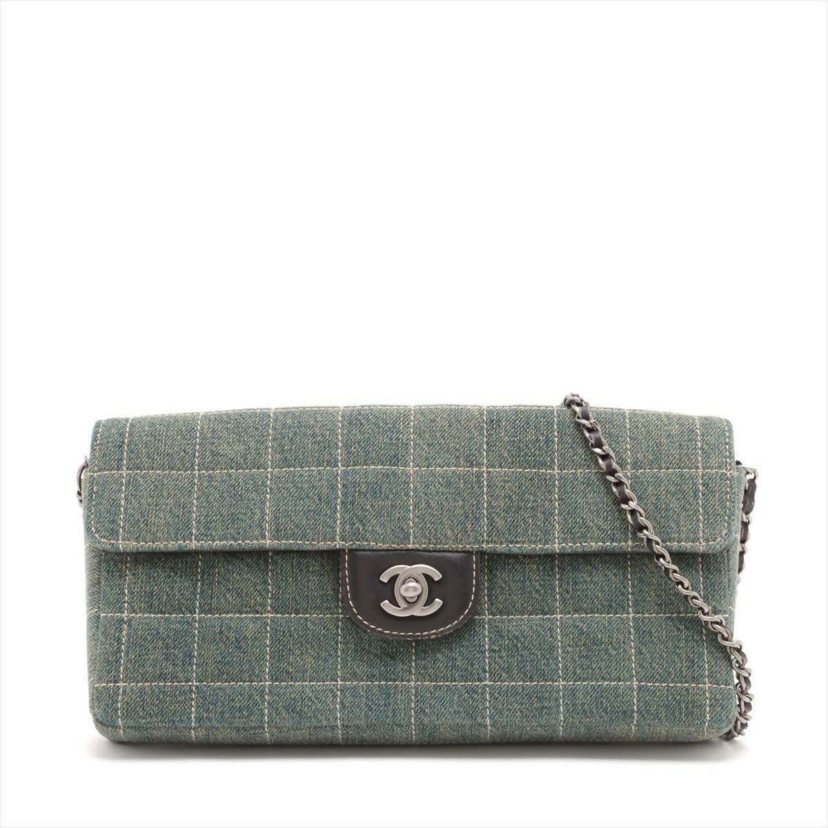Chanel Denim Chocolate Bar Quilted East West Matte Silver Chain Flap Bag