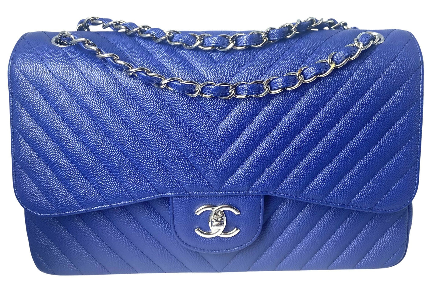 Chanel 2019 Bright Blue Caviar Chevron Quilted Jumbo Double Flap Timeless Classic Bag SHW