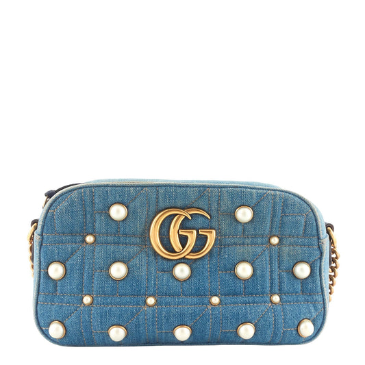 Gucci Pearly GG Marmont Small Denim Camera Bag