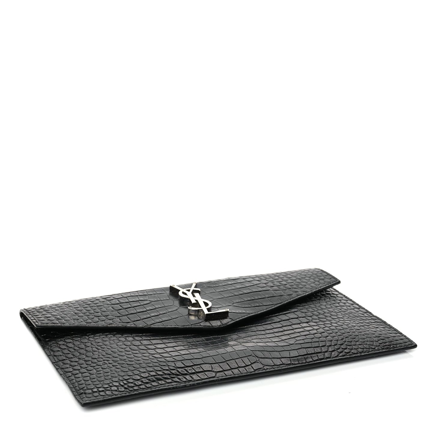 Saint Laurent Calfskin Crocodile Embossed Uptown Monogram Clutch Black
