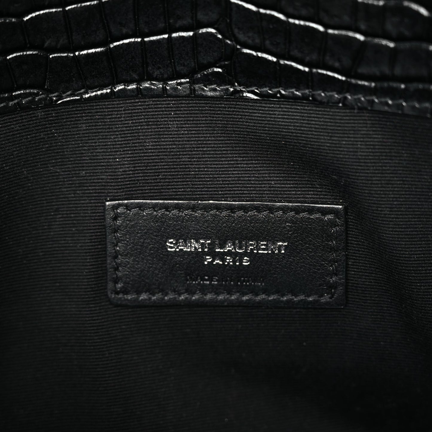 Saint Laurent Calfskin Crocodile Embossed Uptown Monogram Clutch Black