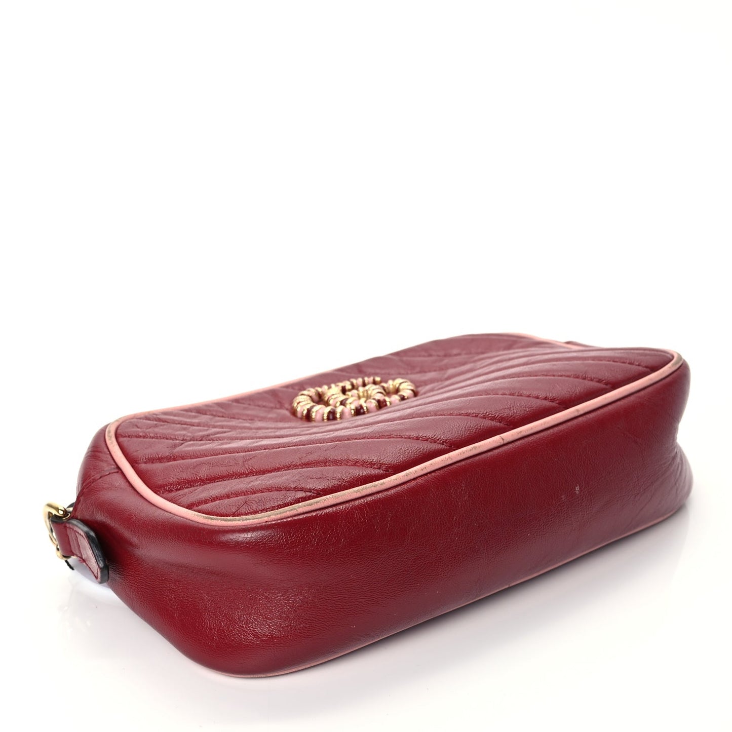 Gucci Azalea Calfskin Enamel Matelasse Diagonal Small Torchon GG Marmont Chain Shoulder Bag New Cherry Red Wild Rose