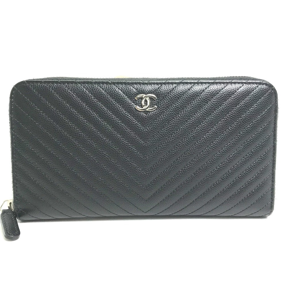 CHANEL Long Wallet Purse A50097 Caviar skin black CC COCO Mark Vstitch quilting Women