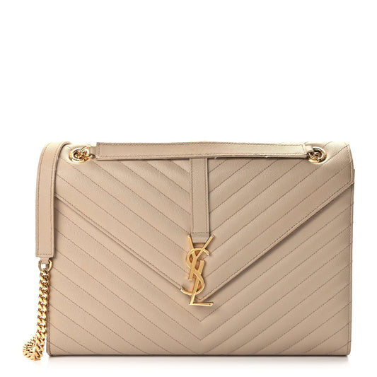 Saint Laurent Grain De Poudre Matelasse Chevron Large Monogram Satchel Dark Beige