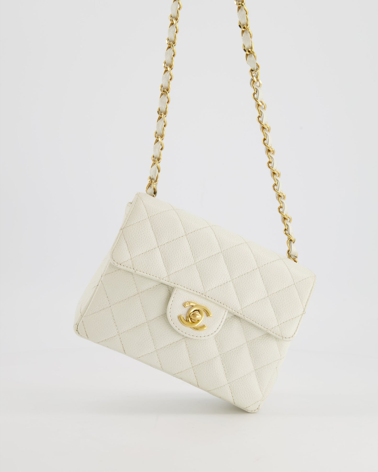 *RARE* Chanel White Caviar Mini Square Flap Bag with 24K Gold Hardware