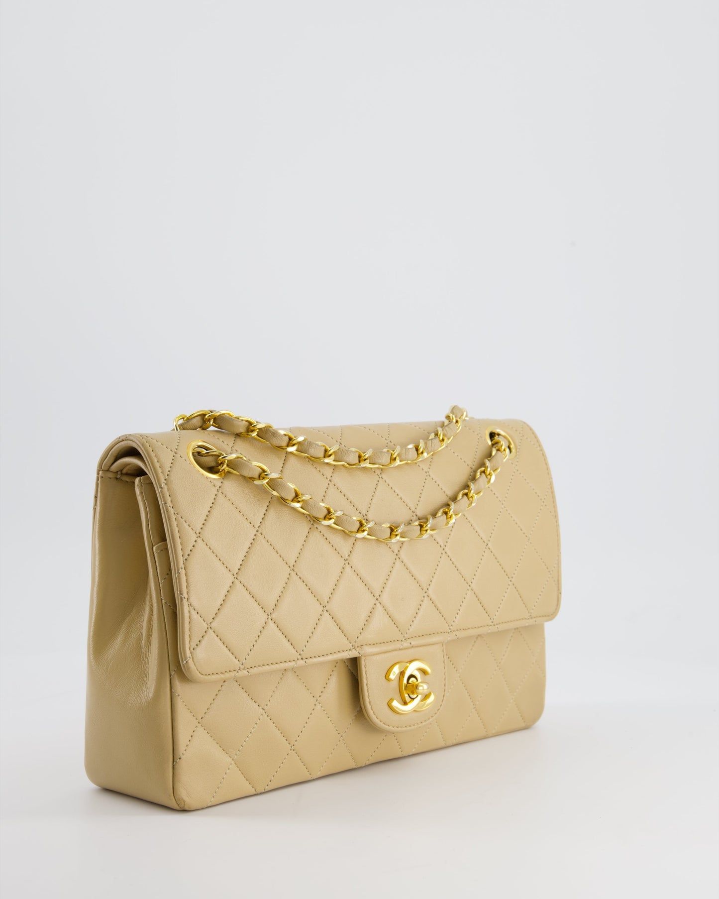 Chanel Beige   Classic Medium Double Flap Bag in Lambskin Leather with 24K Gold Hardware and Stitched Edge