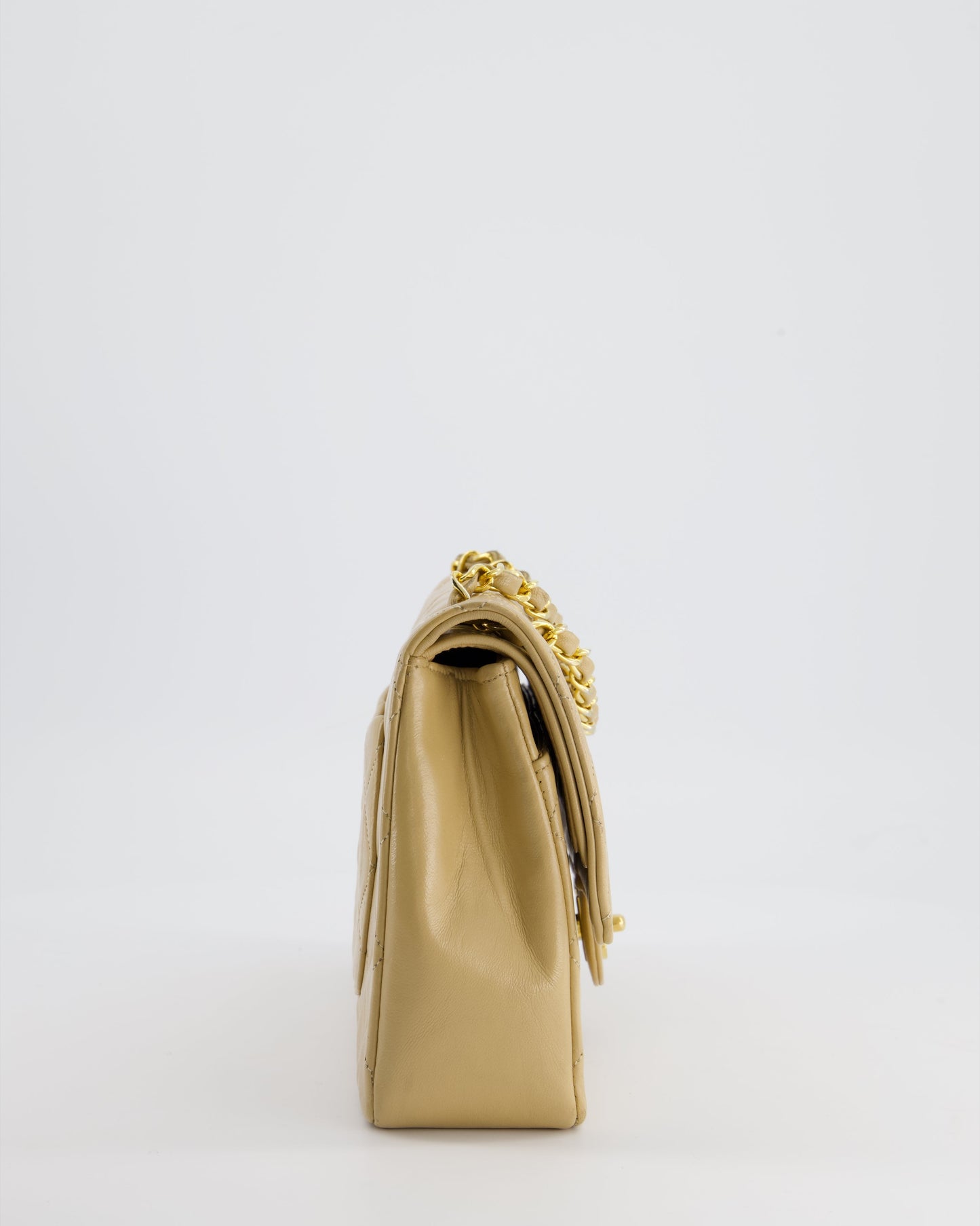 Chanel Beige   Classic Medium Double Flap Bag in Lambskin Leather with 24K Gold Hardware and Stitched Edge