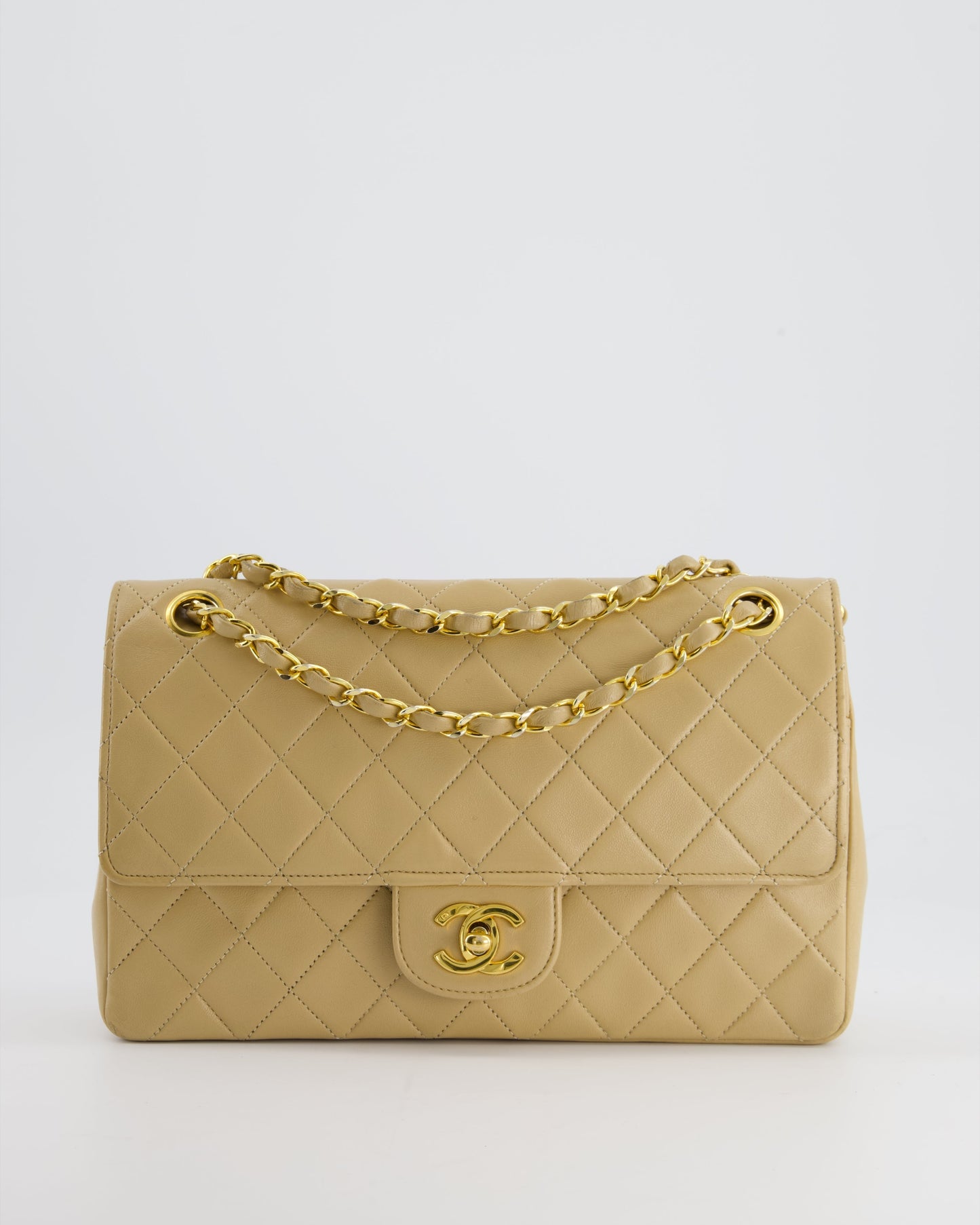 Chanel Beige   Classic Medium Double Flap Bag in Lambskin Leather with 24K Gold Hardware and Stitched Edge