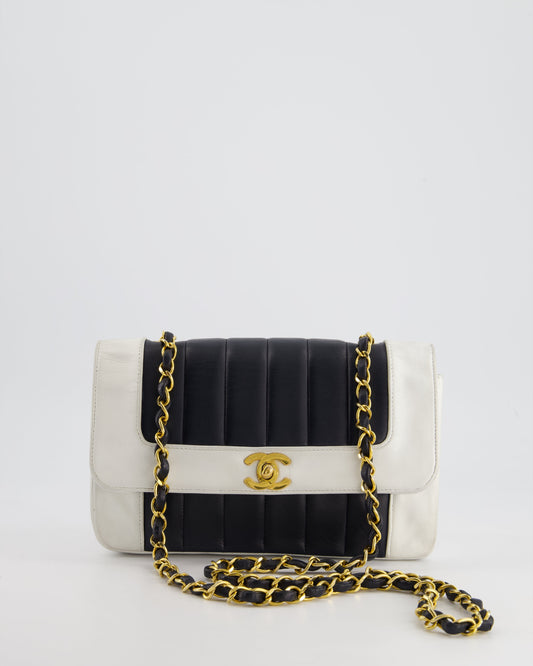 Chanel Black, White   Mademoiselle Single Flap Bag in Lambskin Leather with 24K Gold Plated Hardware