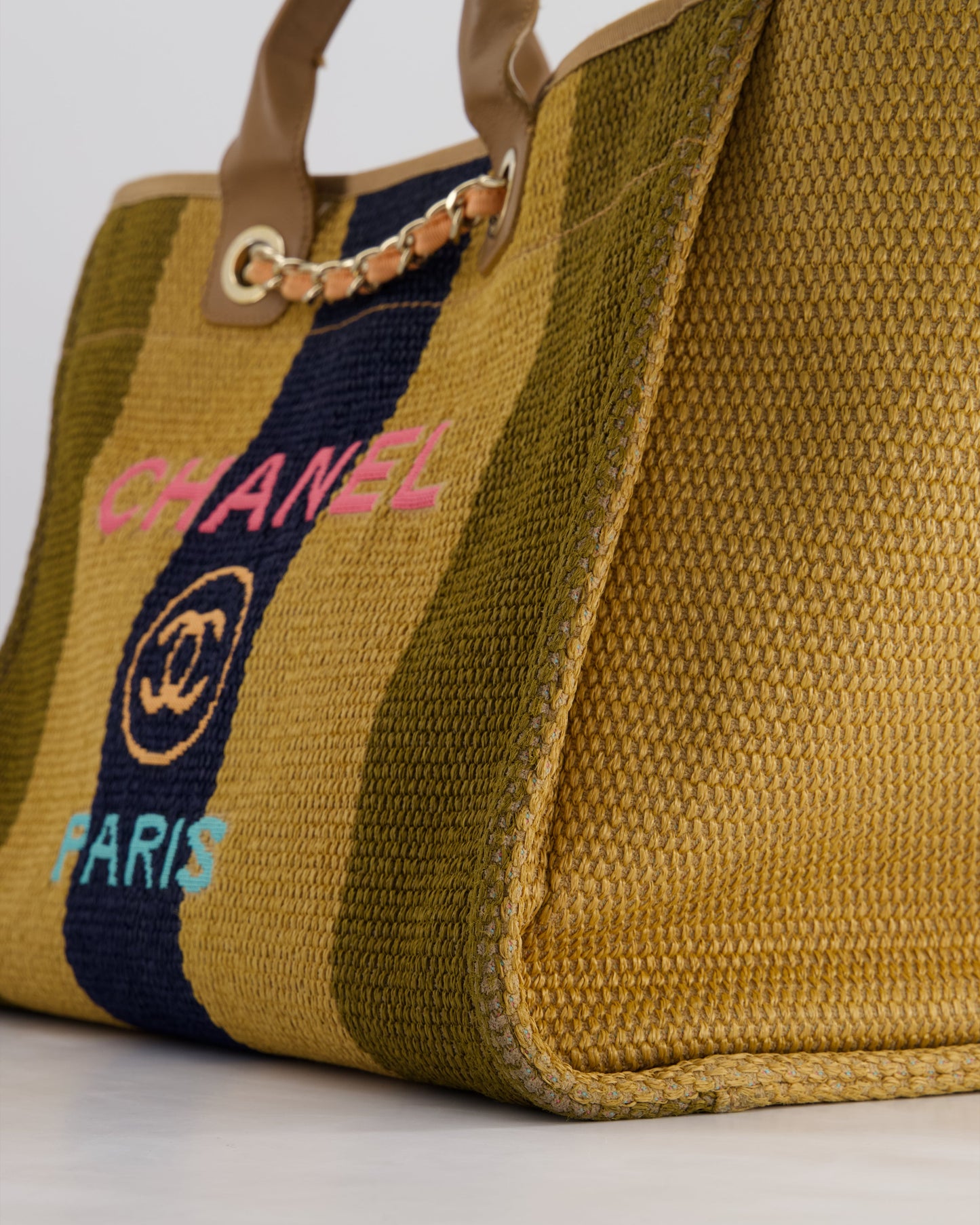 Chanel Beige, Navy and Khaki Raffia Deauville Tote with Pastel Logo and Champagne Gold Hardware