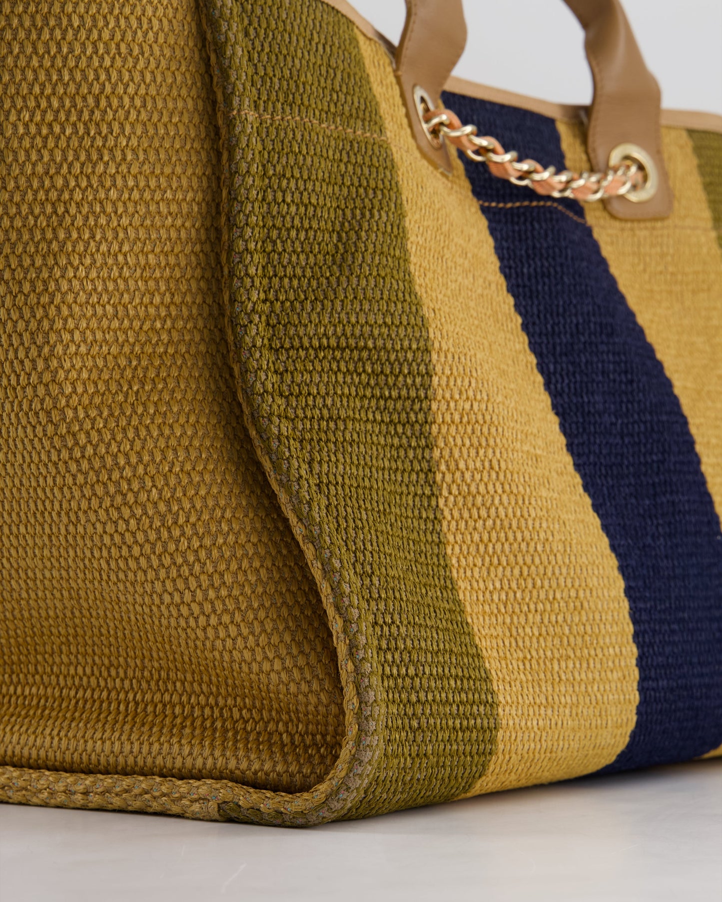 Chanel Beige, Navy and Khaki Raffia Deauville Tote with Pastel Logo and Champagne Gold Hardware