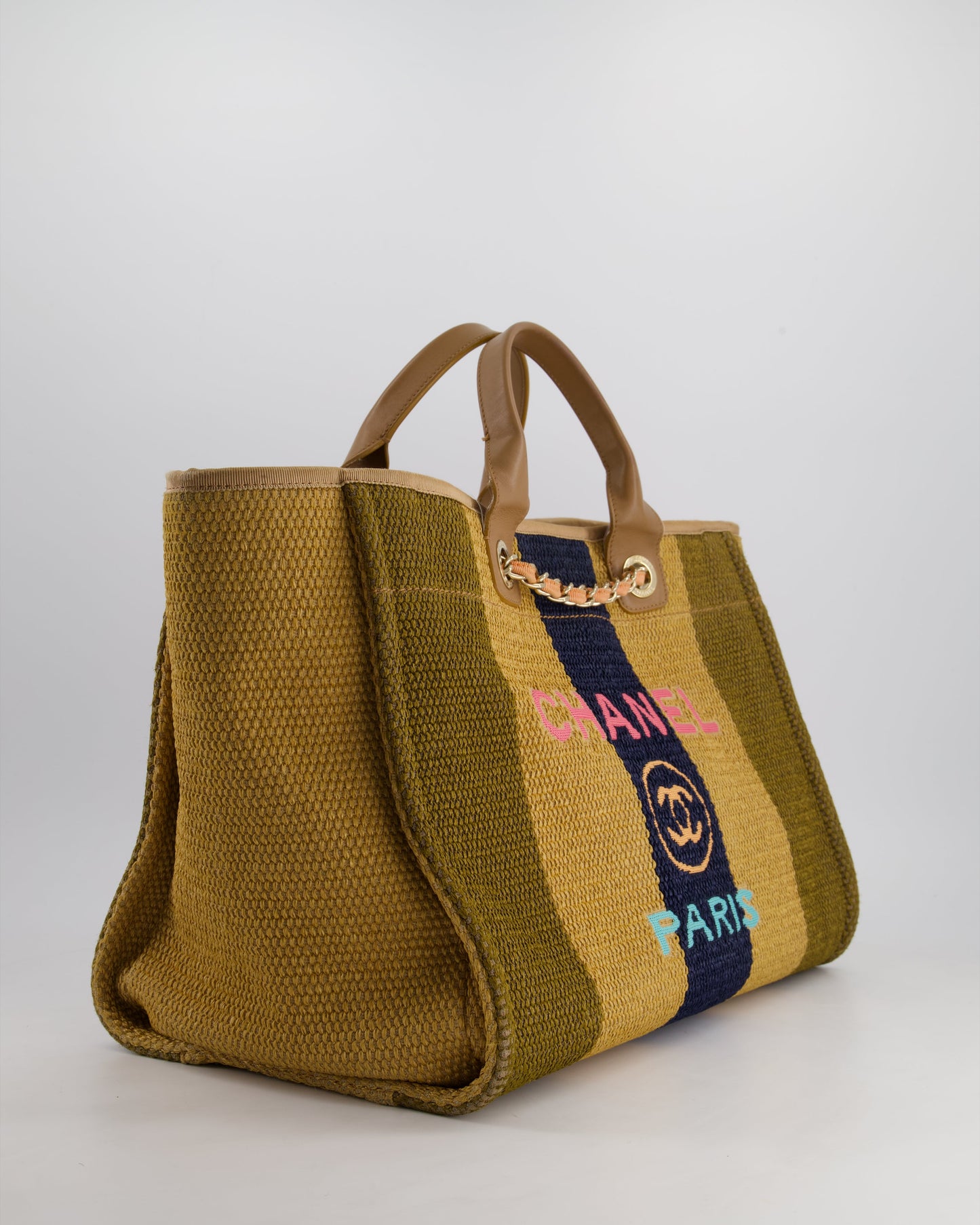 Chanel Beige, Navy and Khaki Raffia Deauville Tote with Pastel Logo and Champagne Gold Hardware