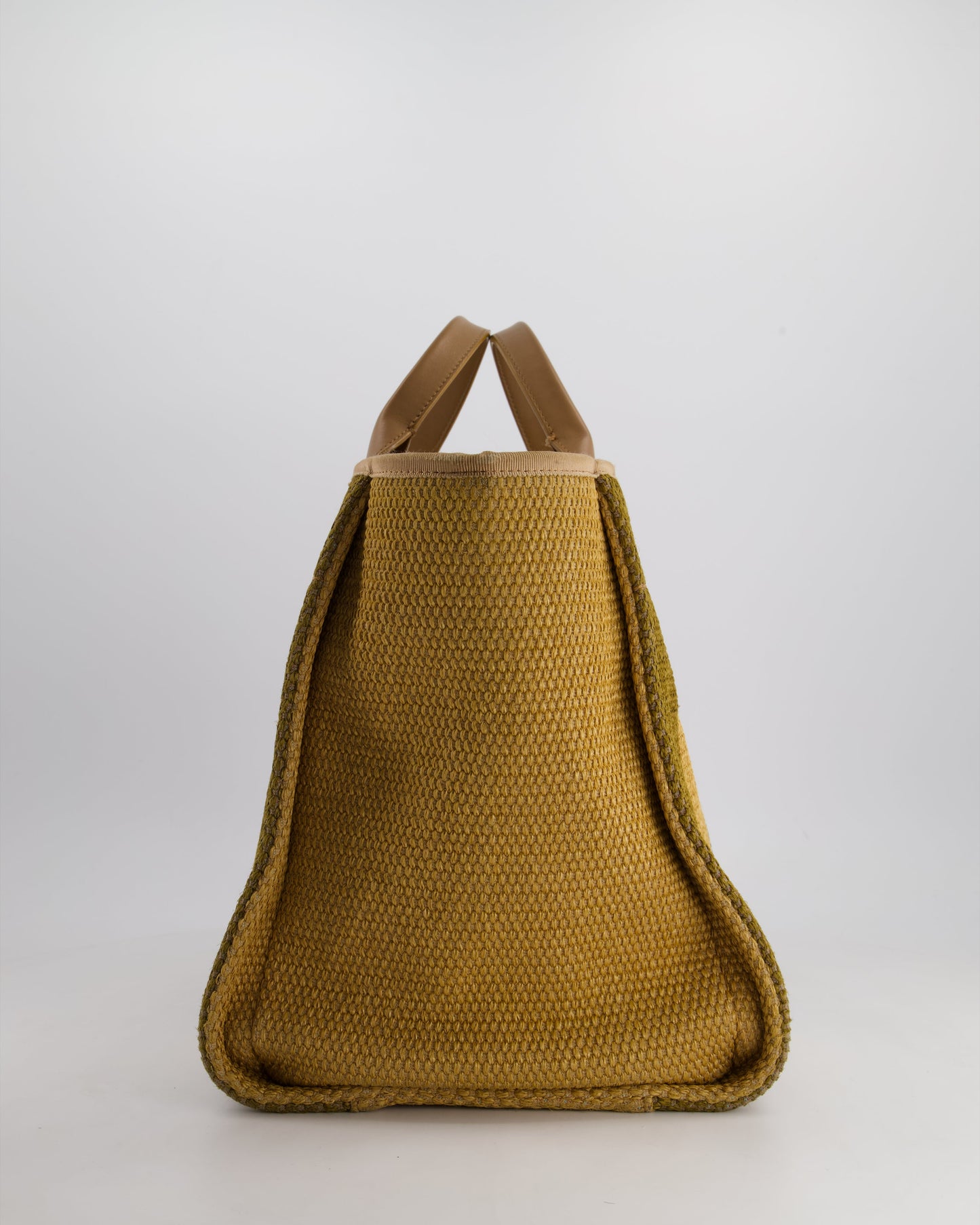 Chanel Beige, Navy and Khaki Raffia Deauville Tote with Pastel Logo and Champagne Gold Hardware